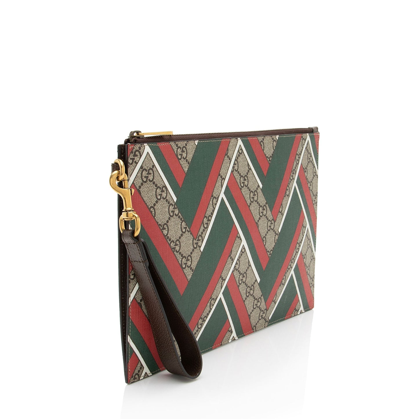 Gucci GG Supreme Chevron Zip Wristlet Leather Canvas White Brown Clutch Bag