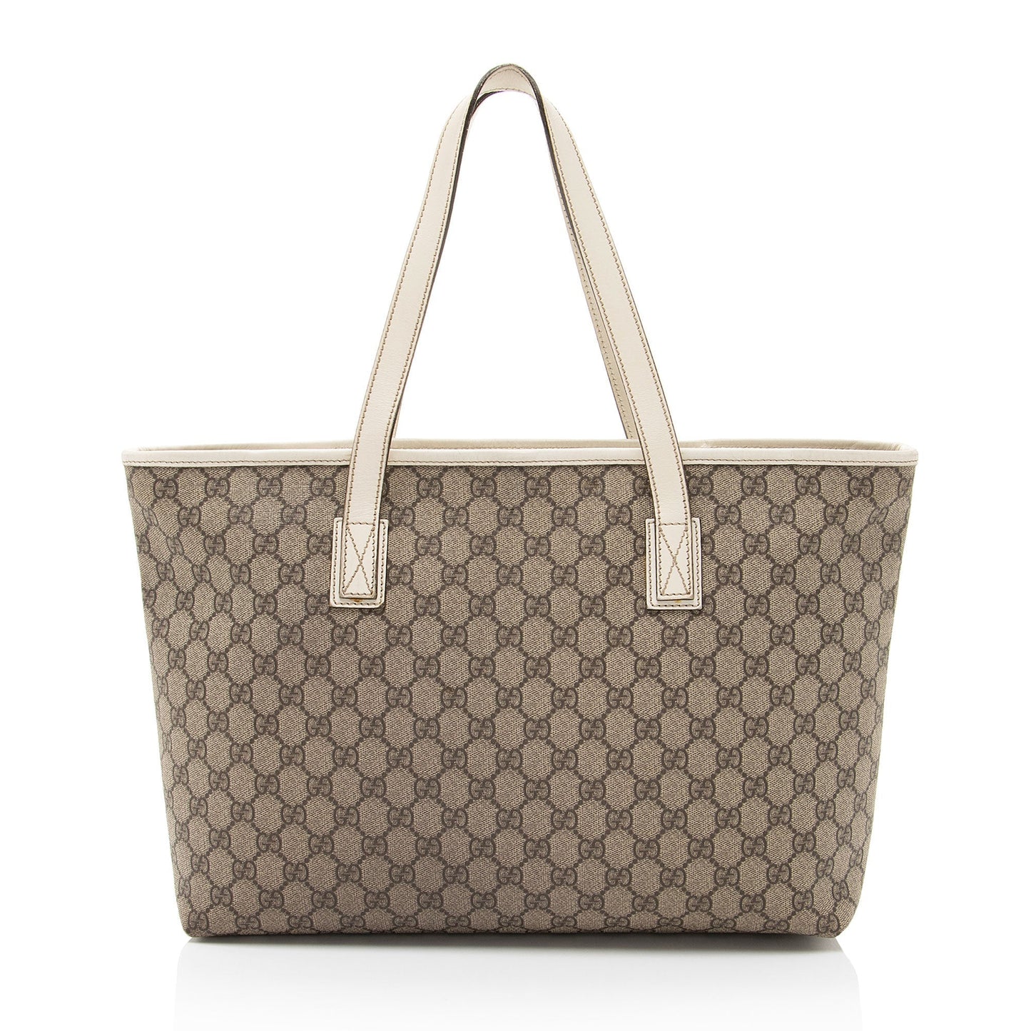 Gucci GG Supreme Classic Zip Leather Canvas White Brown Tote Bag