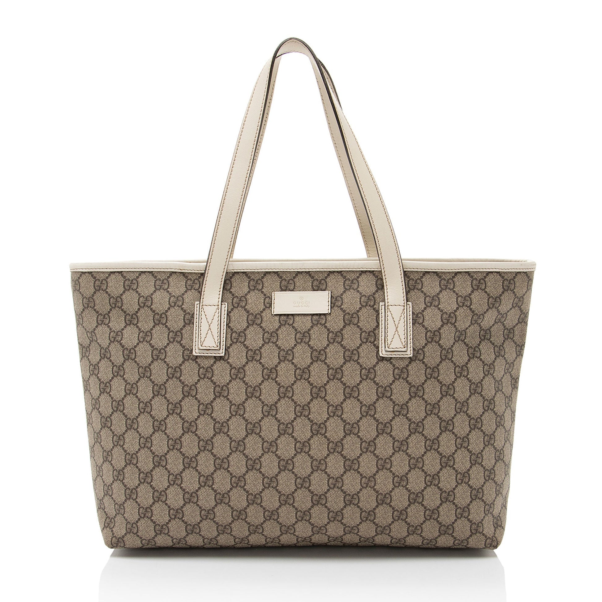 Gucci GG Supreme Classic Zip Leather Canvas White Brown Tote Bag