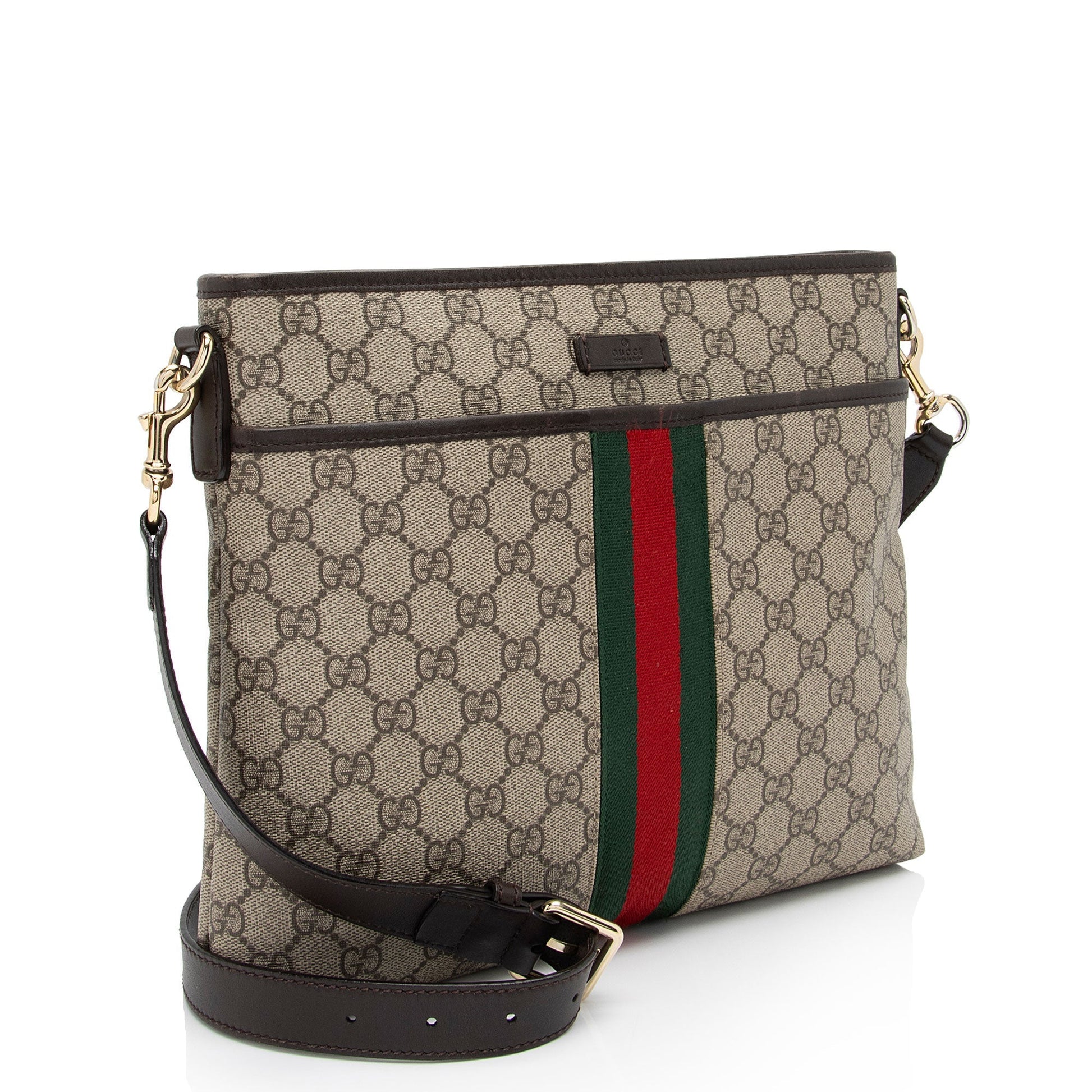 Gucci GG Supreme Classic Web Messenger Leather Canvas Nylon Brown Shoulder Bag