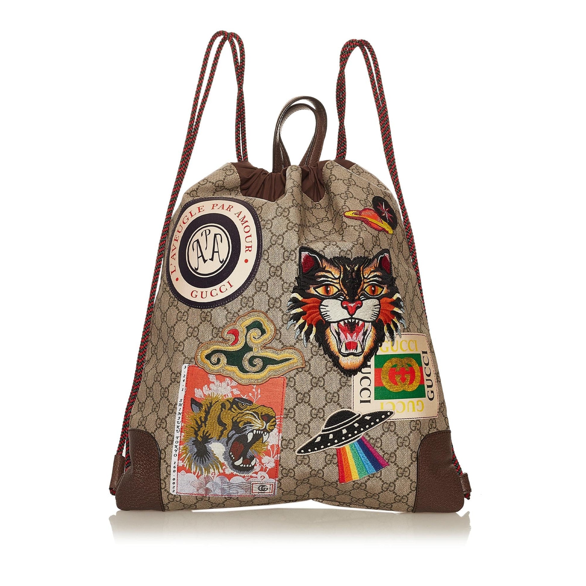 Gucci GG Supreme Courrier Drawstring Backpack Canvas Calf Brown Jewelry Backpack Shg