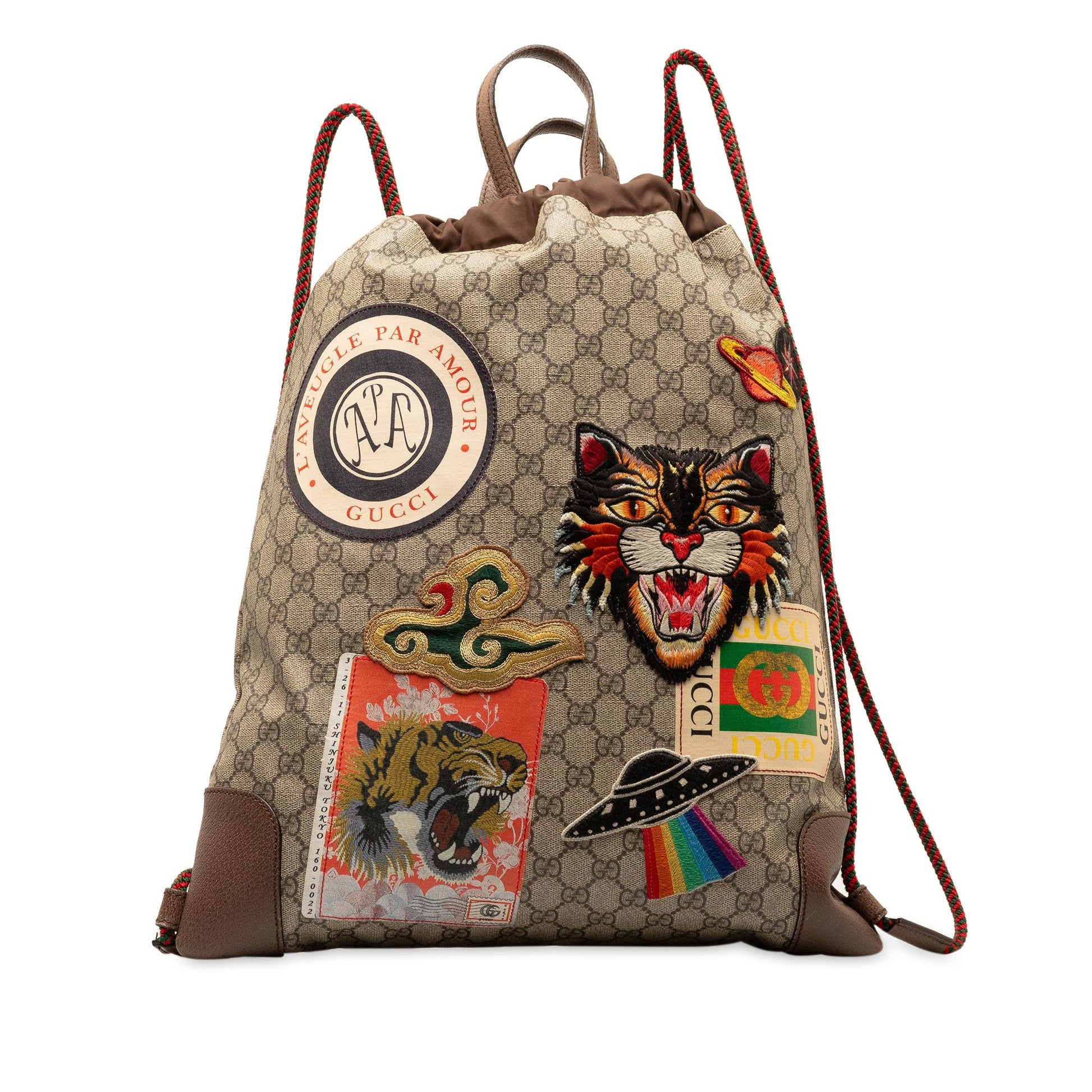 Gucci GG Supreme Courrier Drawstring Backpack Canvas Calf Brown Jewelry