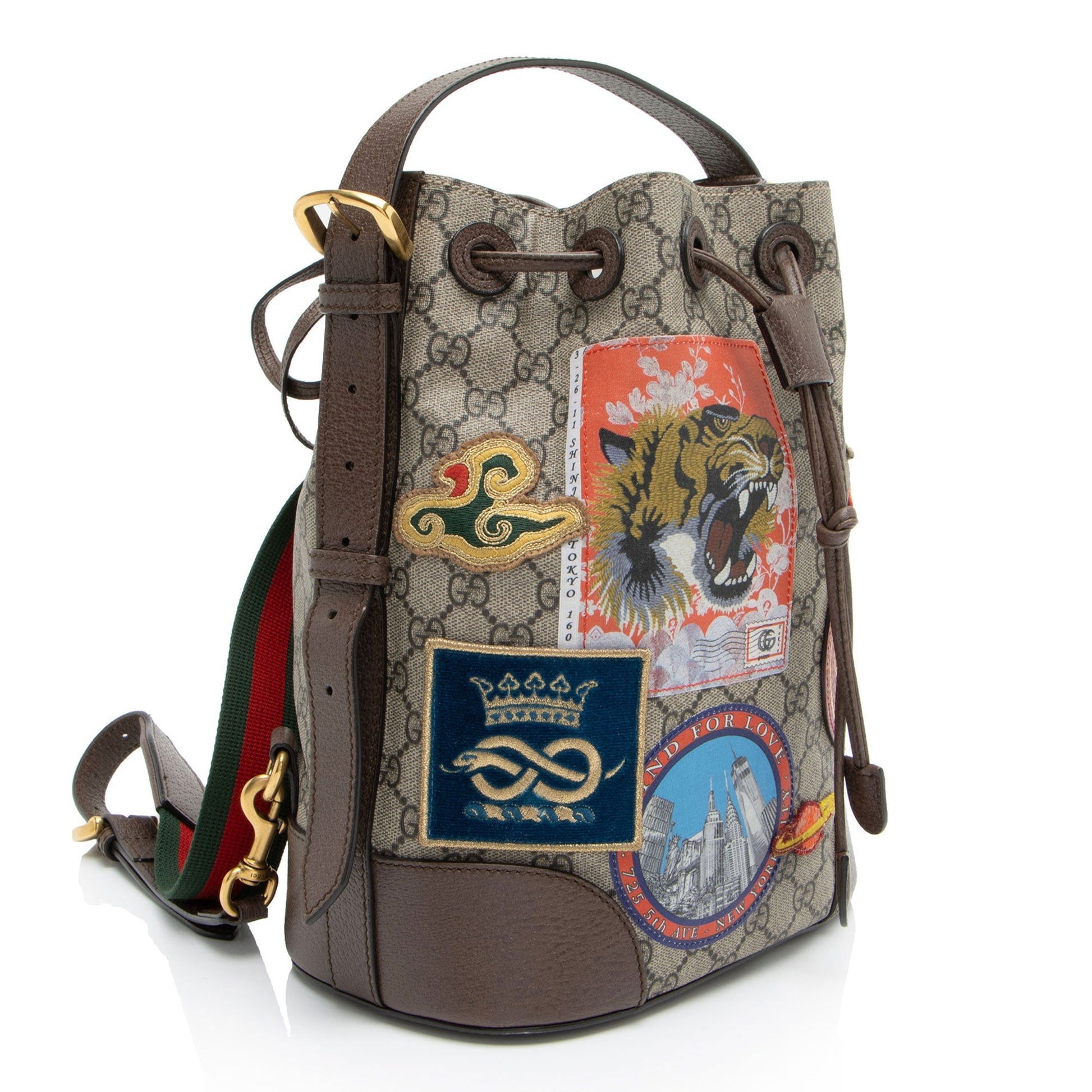 Gucci GG Supreme Courrier Drawstring Sling Leather Canvas Nylon Brown Jewelry