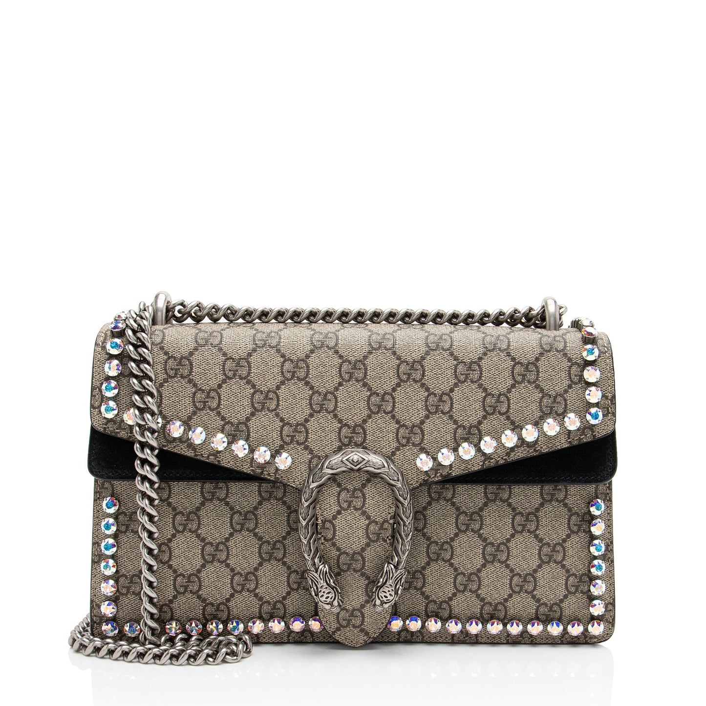 Gucci GG Supreme Crystal Studded Dionysus Canvas Suede Black Beige Shoulder Bag