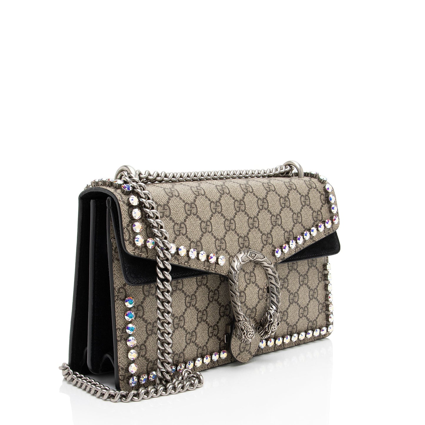 Gucci GG Supreme Crystal Studded Dionysus Canvas Suede Black Beige Shoulder Bag