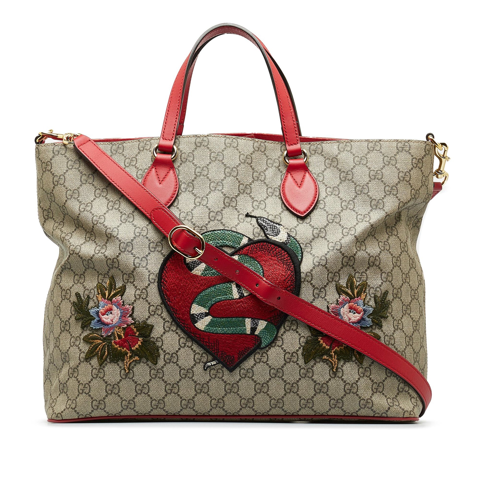 Gucci GG Supreme Embroidered Kingsnake Heart Canvas Calf Brown Satchel Bag