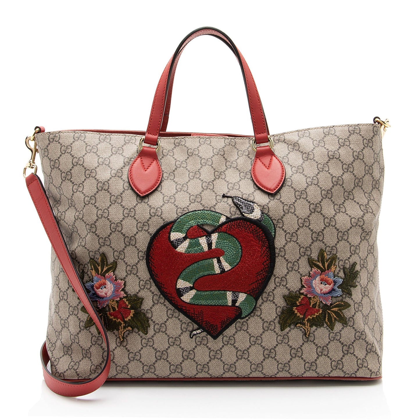 Gucci GG Supreme Embroidered Kingsnake Heart Leather Canvas Beige Tote Bag