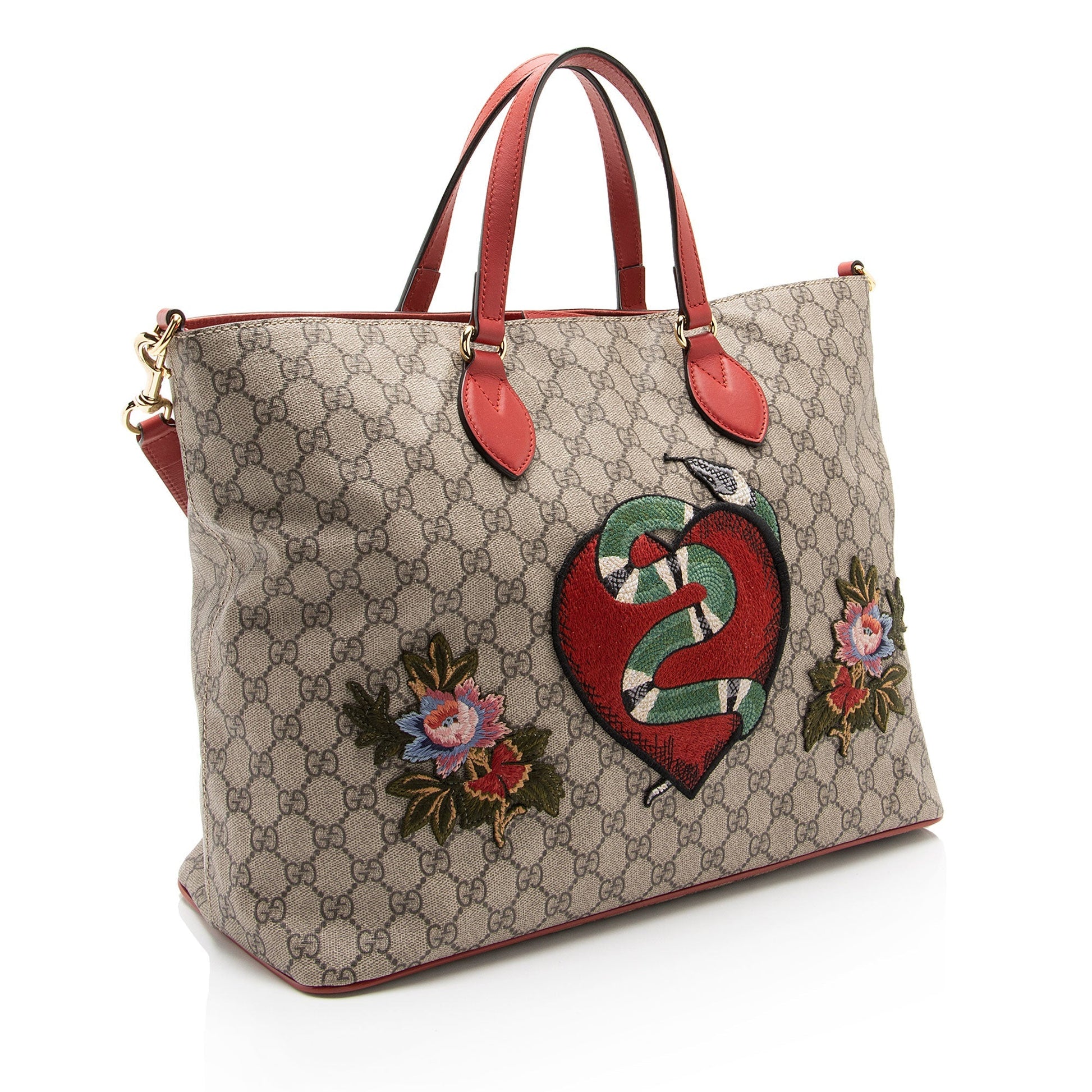 Gucci GG Supreme Embroidered Kingsnake Heart Leather Canvas Beige Tote Bag