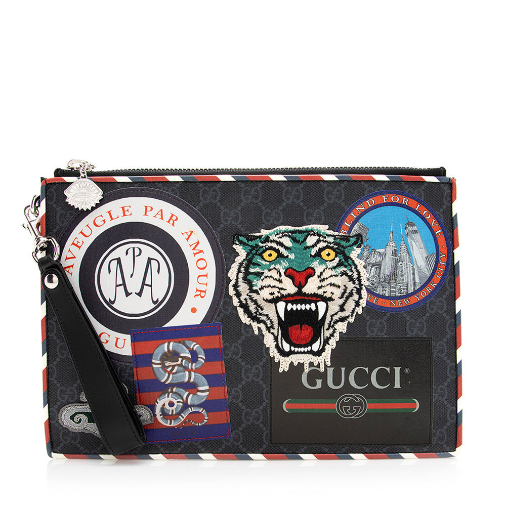 Gucci GG Supreme Embroidered Patchwork Zip Leather Canvas Black Large Clutch Bag