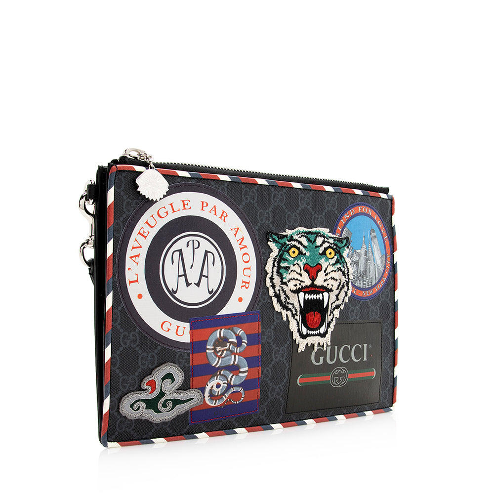 Gucci GG Supreme Embroidered Patchwork Zip Leather Canvas Black Large Clutch Bag