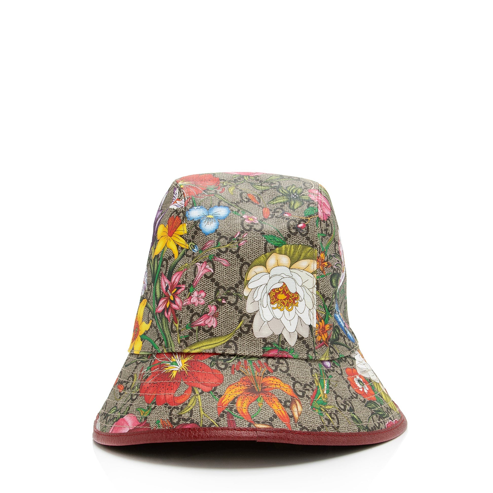 Gucci GG Supreme Flora Bucket Hat Leather Canvas Beige Red Bucket Bag