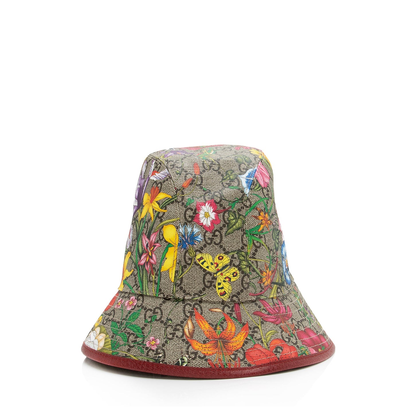 Gucci GG Supreme Flora Bucket Hat Leather Canvas Beige Red Bucket Bag