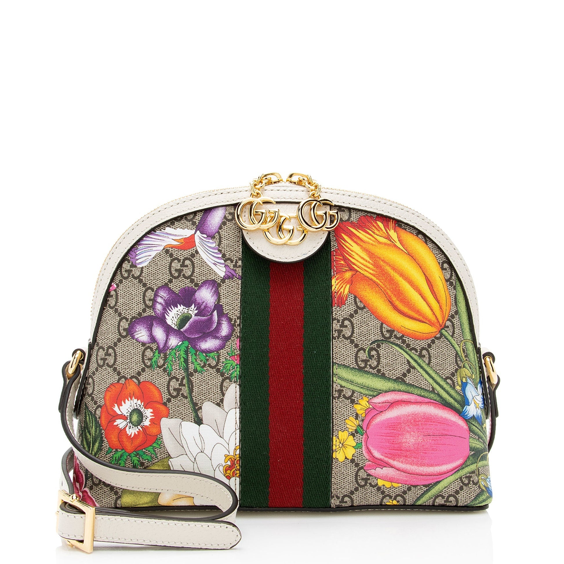Gucci GG Supreme Flora Ophidia Dome Leather Canvas Nylon White Crossbody Bag Shf Sigitb