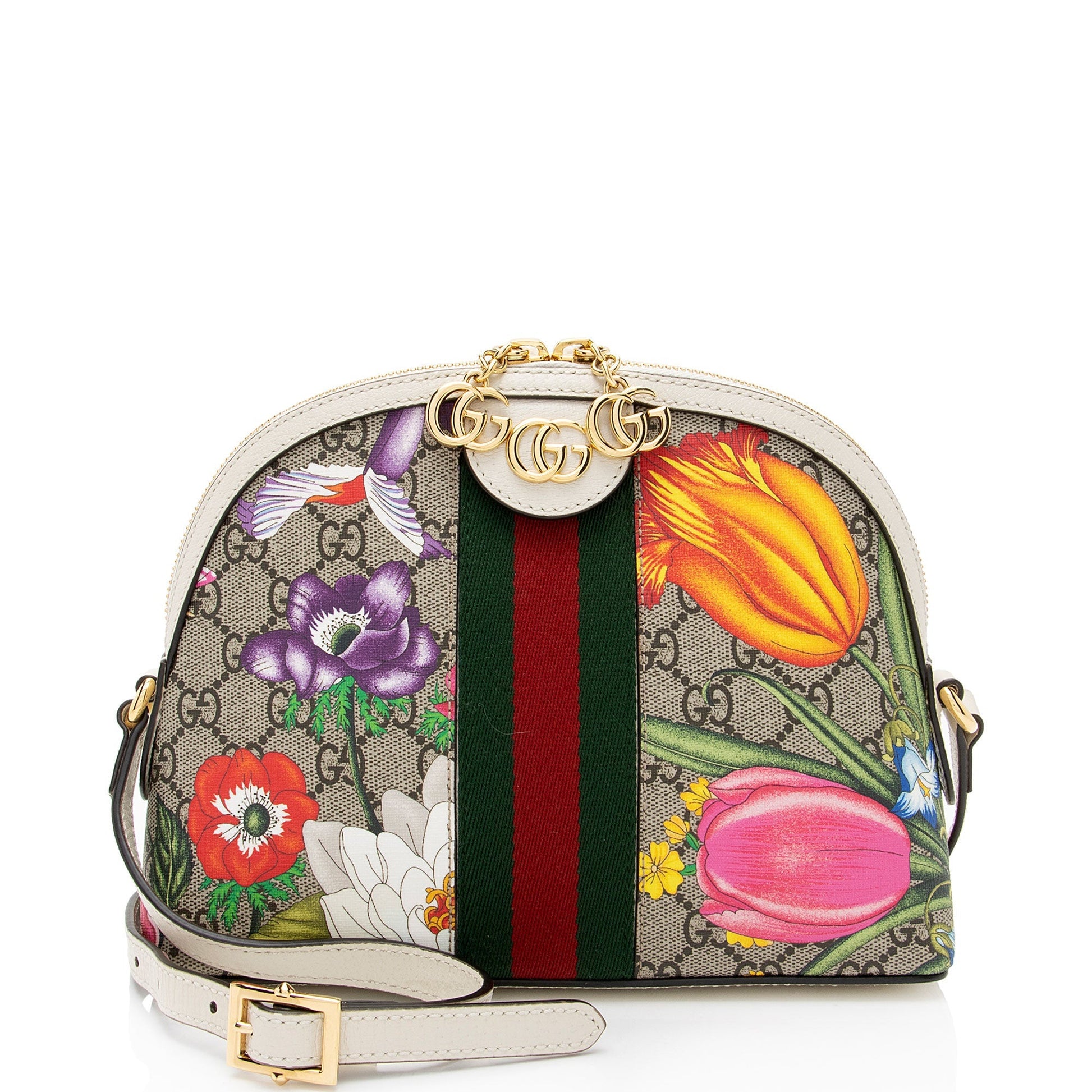 Gucci GG Supreme Flora Ophidia Dome Leather Canvas Nylon White Crossbody Bag