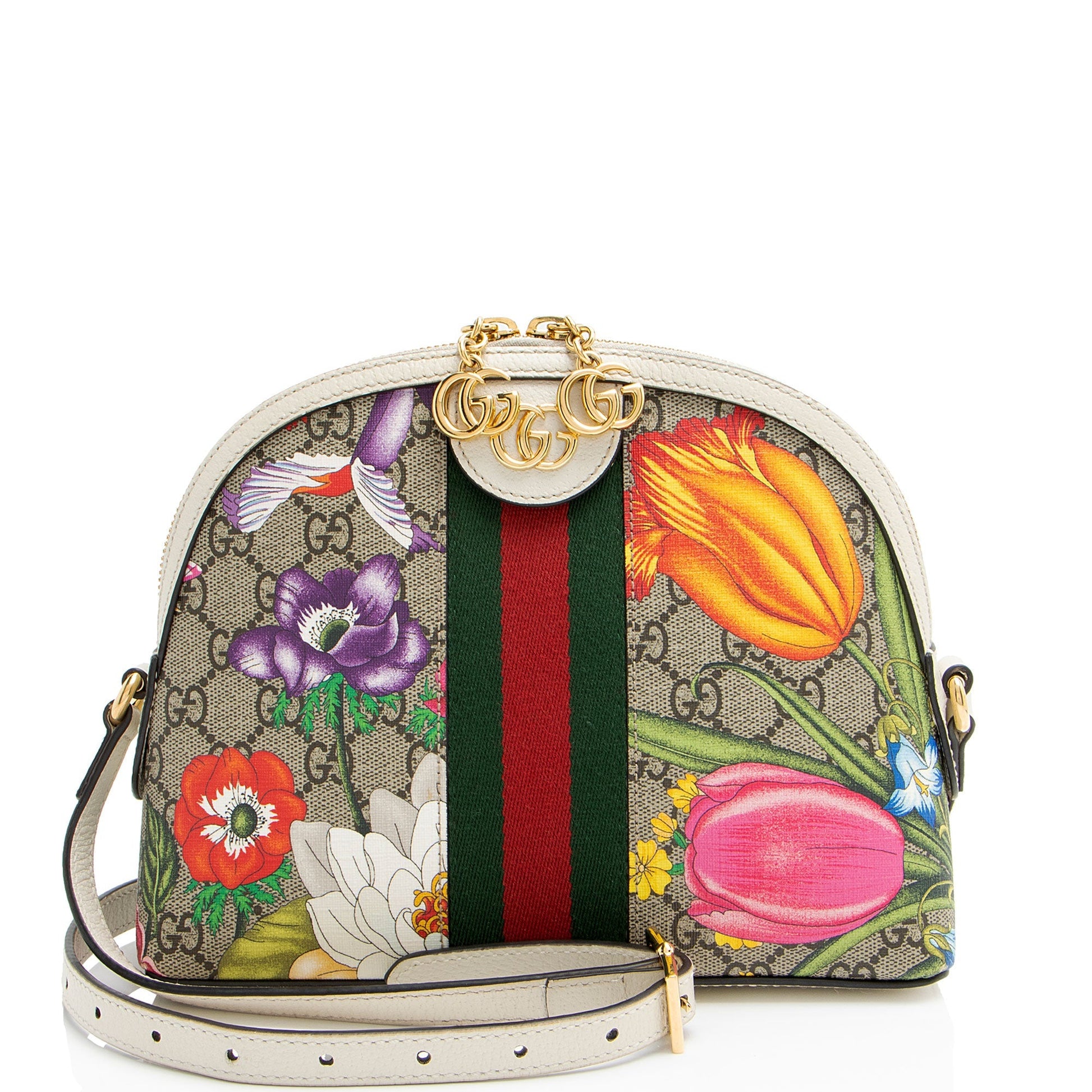 Gucci GG Supreme Flora Ophidia Dome Leather Canvas Nylon White Crossbody Bag Shoulder Bag