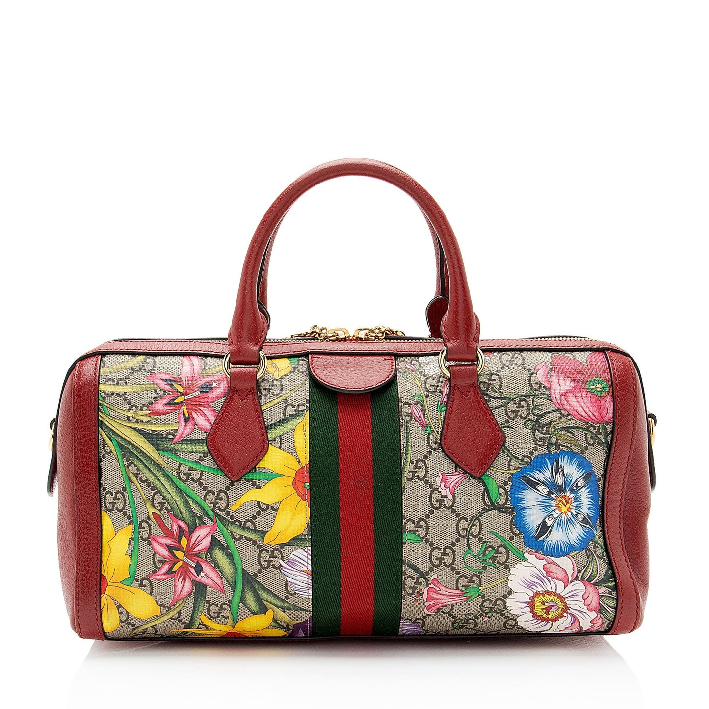 Gucci GG Supreme Flora Ophidia Boston Leather Canvas Red Medium Satchel Bag