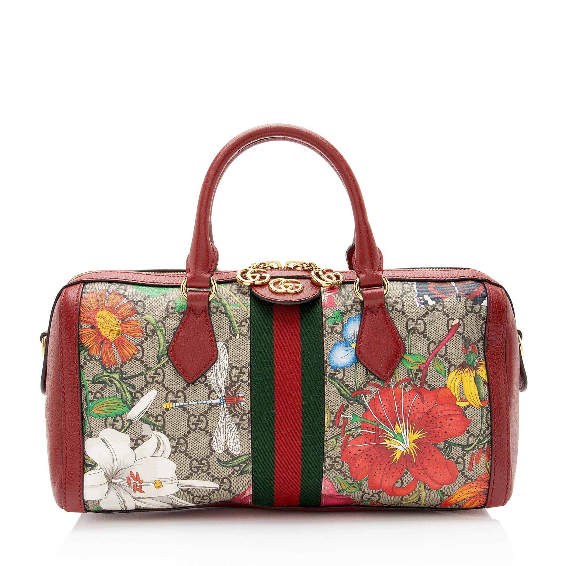 Gucci GG Supreme Flora Ophidia Boston Leather Canvas Red Medium Satchel Bag