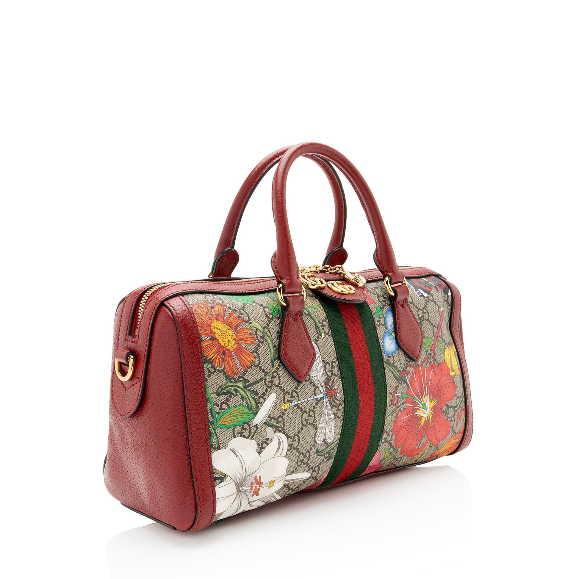 Gucci GG Supreme Flora Ophidia Boston Leather Canvas Red Medium Satchel Bag