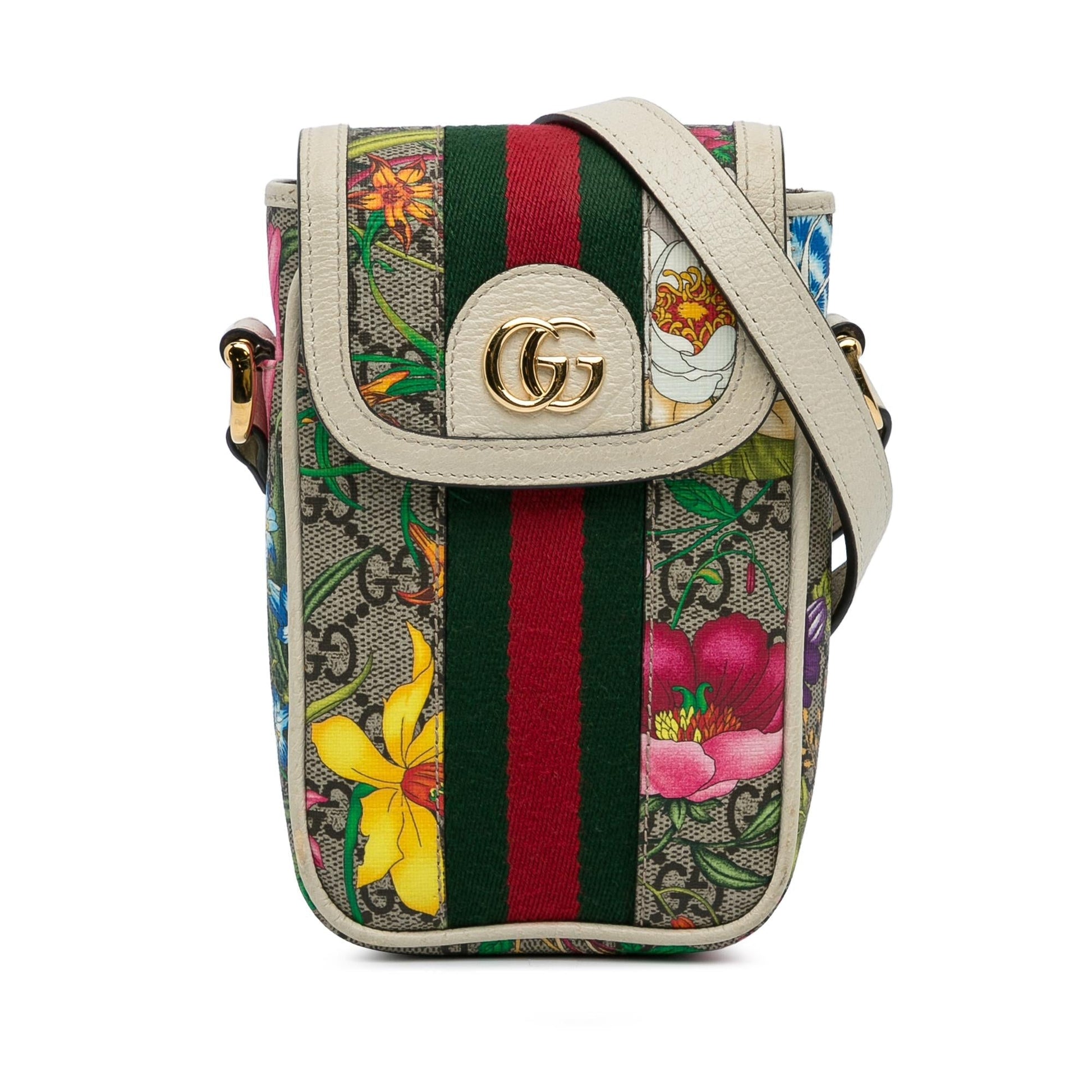 Gucci GG Supreme Flora Ophidia Phone Canvas Calf White Brown Crossbody Bag