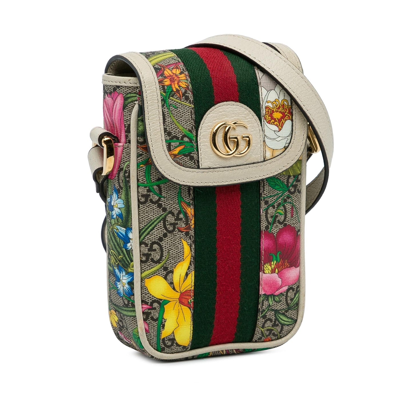 Gucci GG Supreme Flora Ophidia Phone Canvas Calf White Brown Crossbody Bag