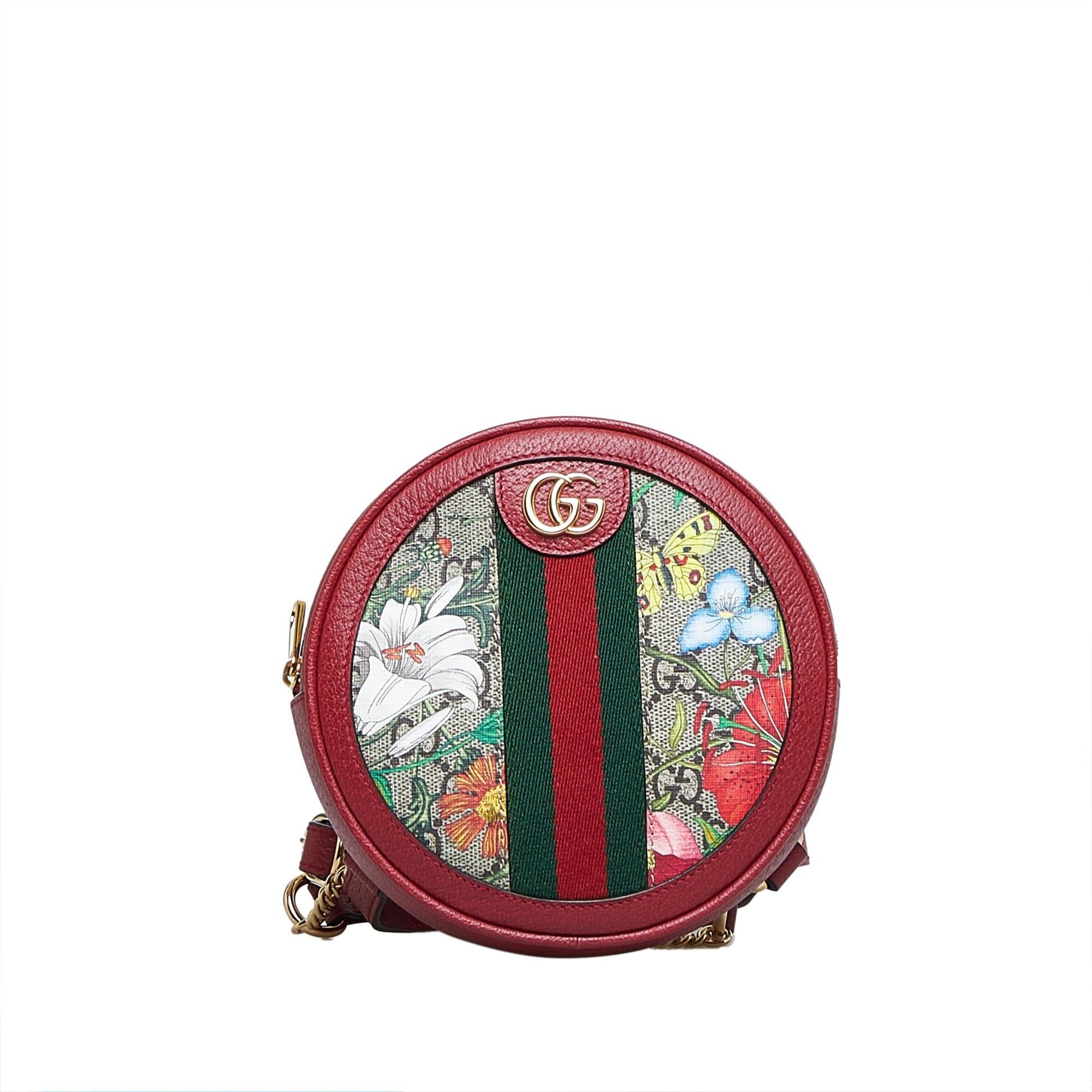 Gucci GG Supreme Flora Ophidia Round Canvas Calf Red Backpack Shg 3Tp9Td