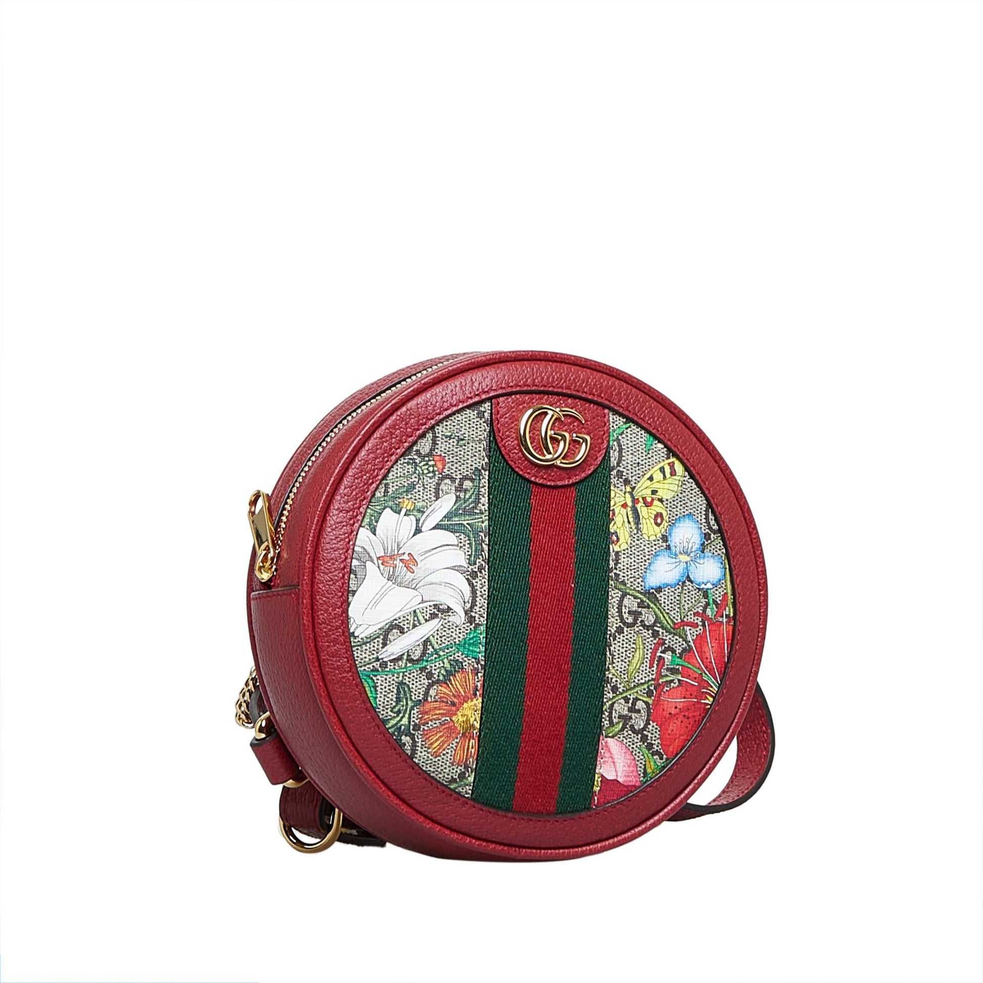 Gucci GG Supreme Flora Ophidia Round Canvas Calf Red Backpack Shg 3Tp9Td