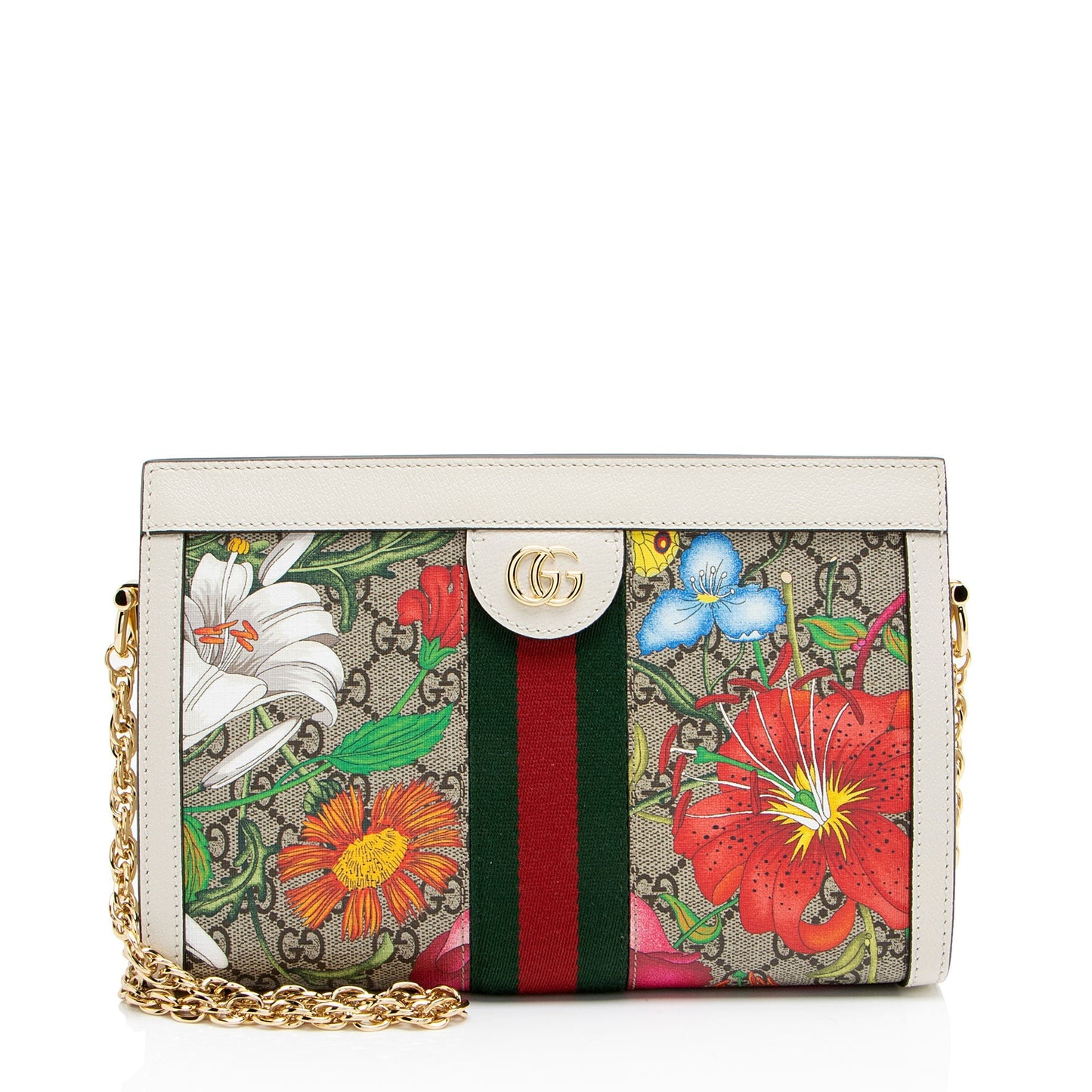 Gucci GG Supreme Flora Ophidia Leather Canvas Nylon White Shoulder Bag
