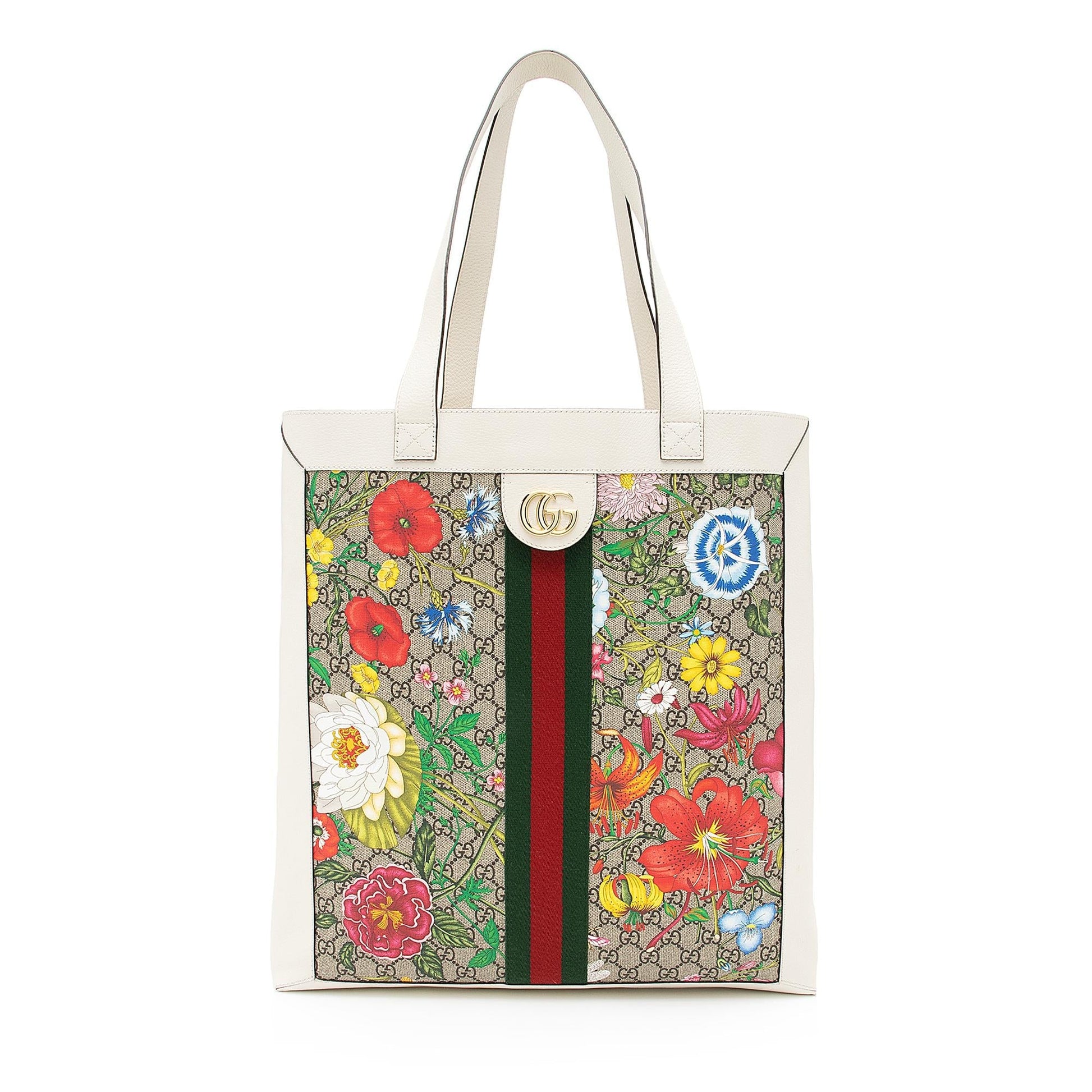 Gucci GG Supreme Flora Ophidia Vertical Leather Nylon White Beige Tote Bag Shf 0C0Gj1