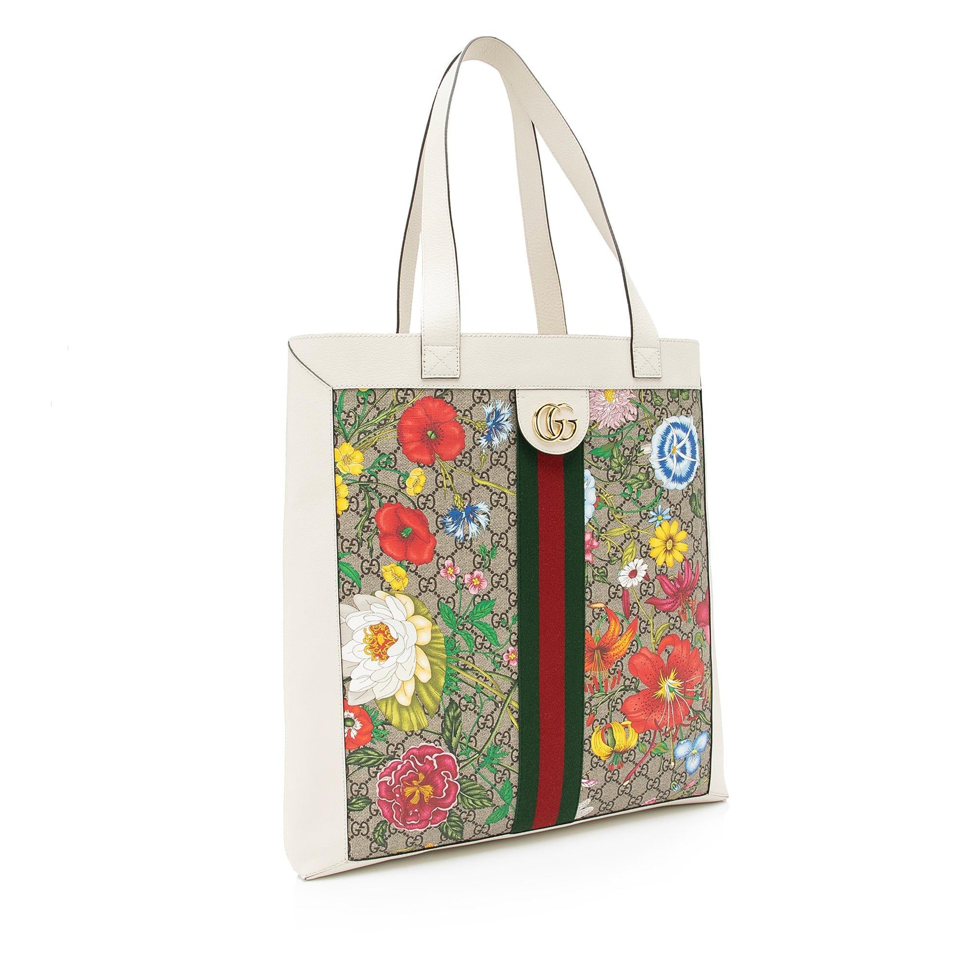 Gucci GG Supreme Flora Ophidia Vertical Leather Nylon White Beige Tote Bag Shf 0C0Gj1