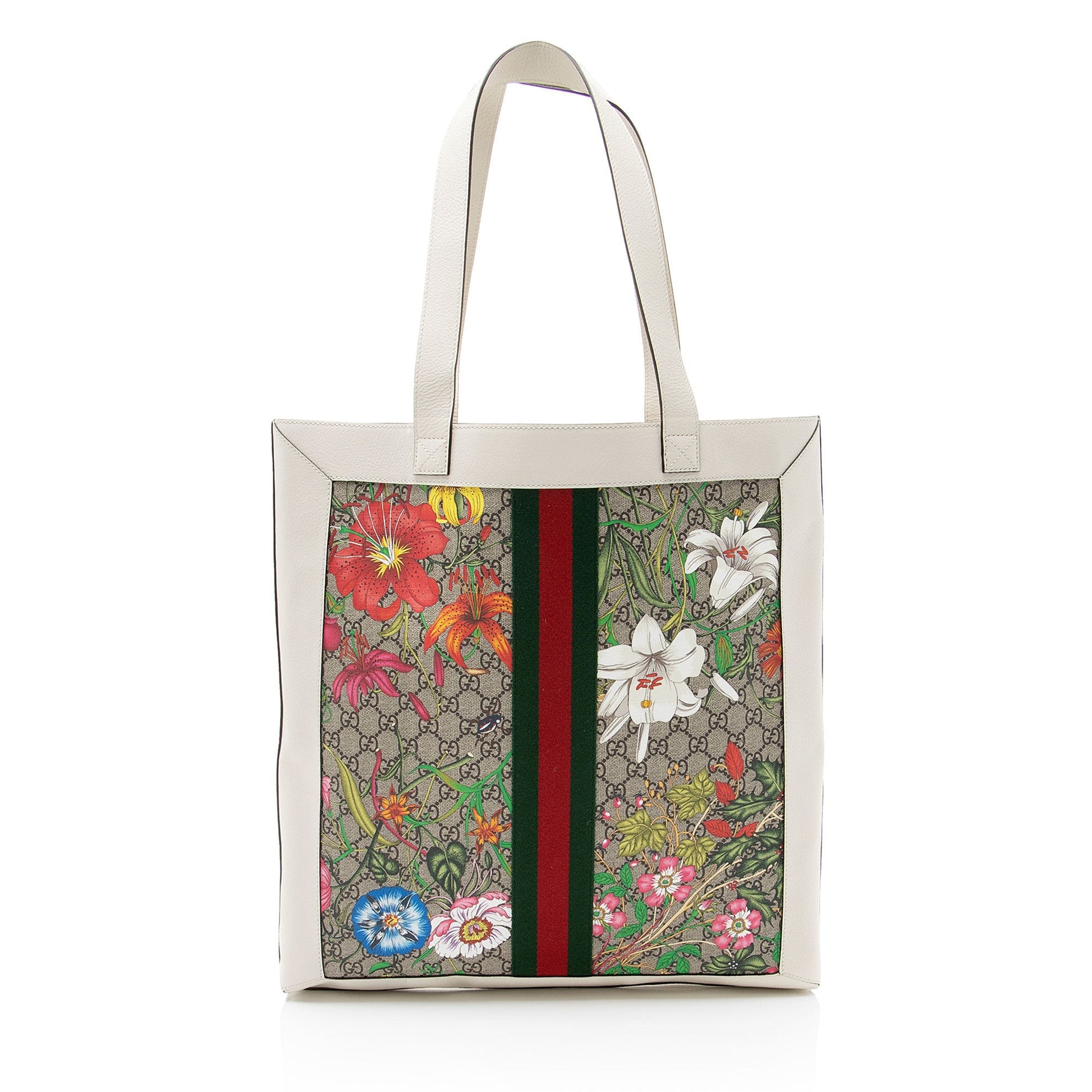 Gucci GG Supreme Flora Ophidia Vertical Leather Nylon White Beige Tote Bag