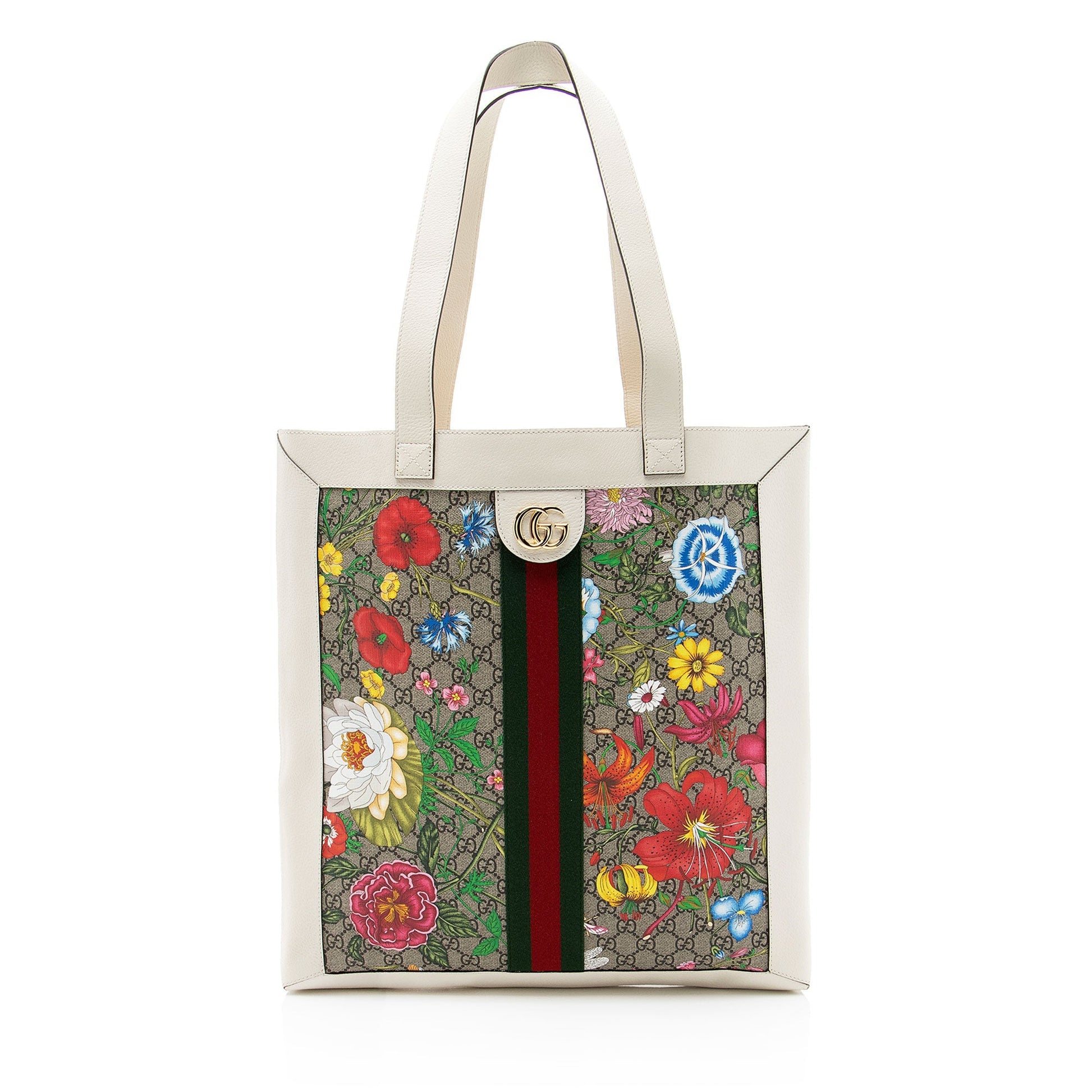 Gucci GG Supreme Flora Ophidia Vertical Leather Nylon White Beige Tote Bag