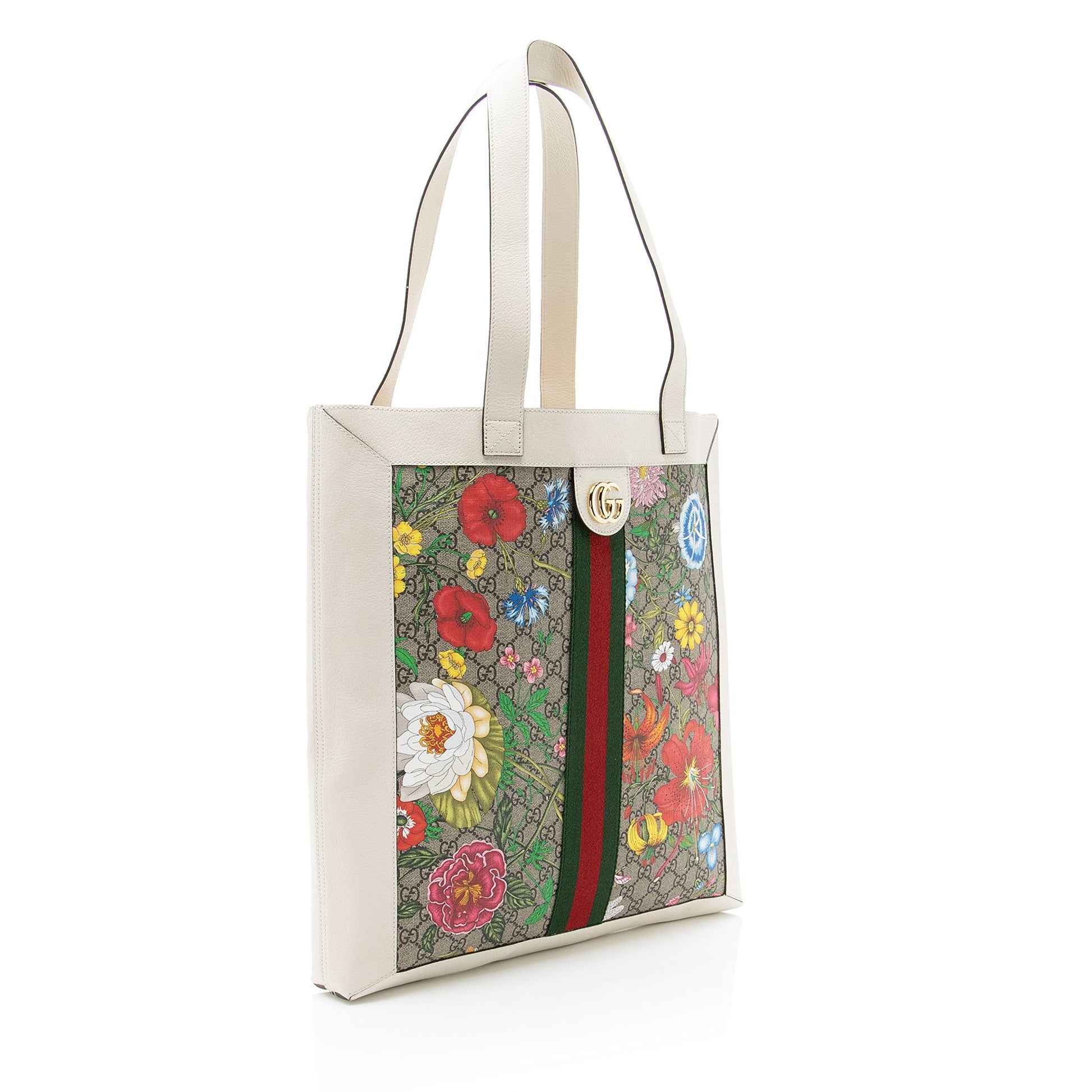 Gucci GG Supreme Flora Ophidia Vertical Leather Nylon White Beige Tote Bag