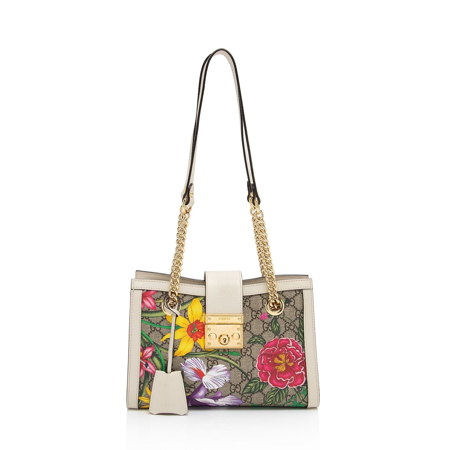 Gucci GG Supreme Flora Padlock SHF-39l0R6 Leather Canvas White Beige Shoulder Bag