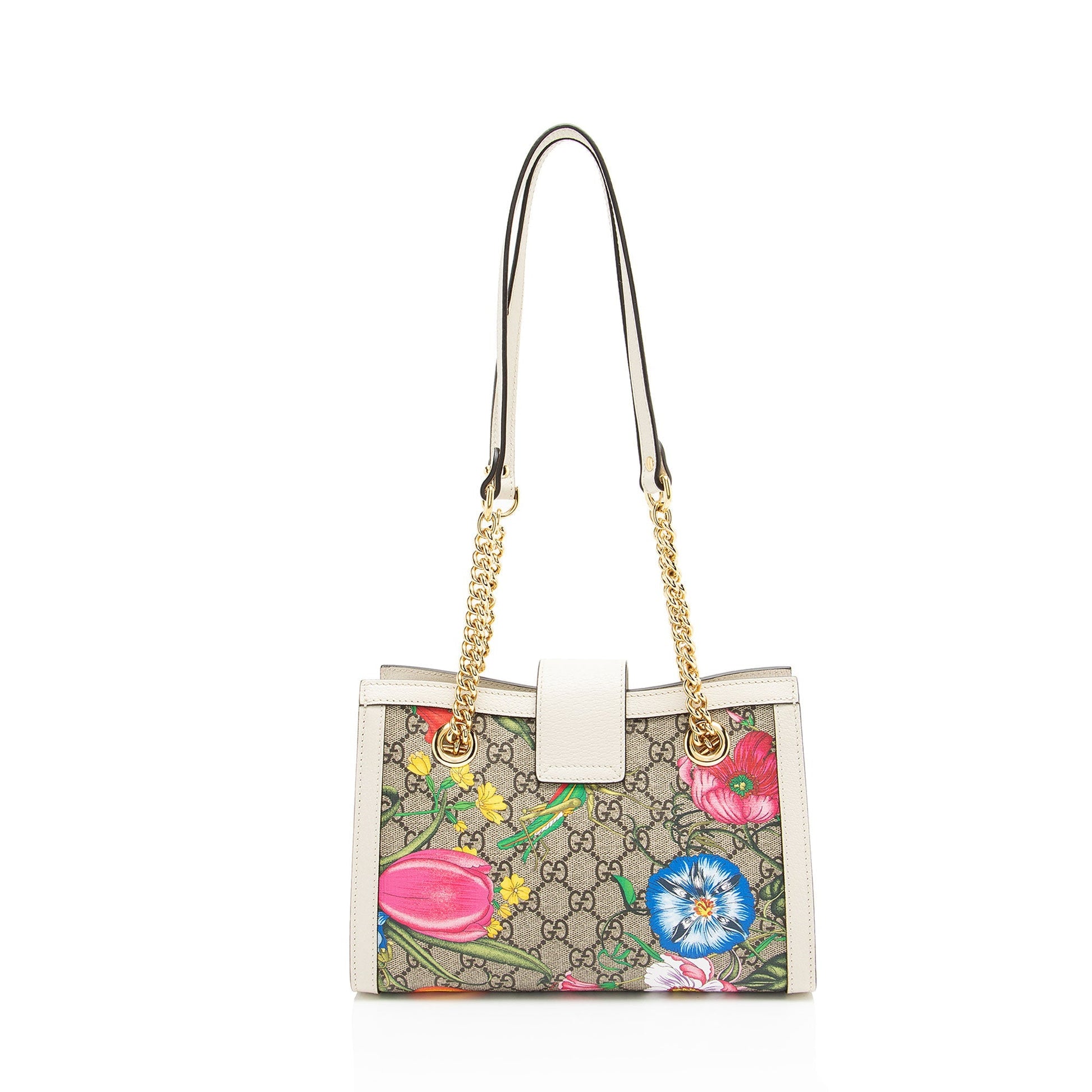 Gucci GG Supreme Flora Padlock Leather Canvas White Small Tote Bag