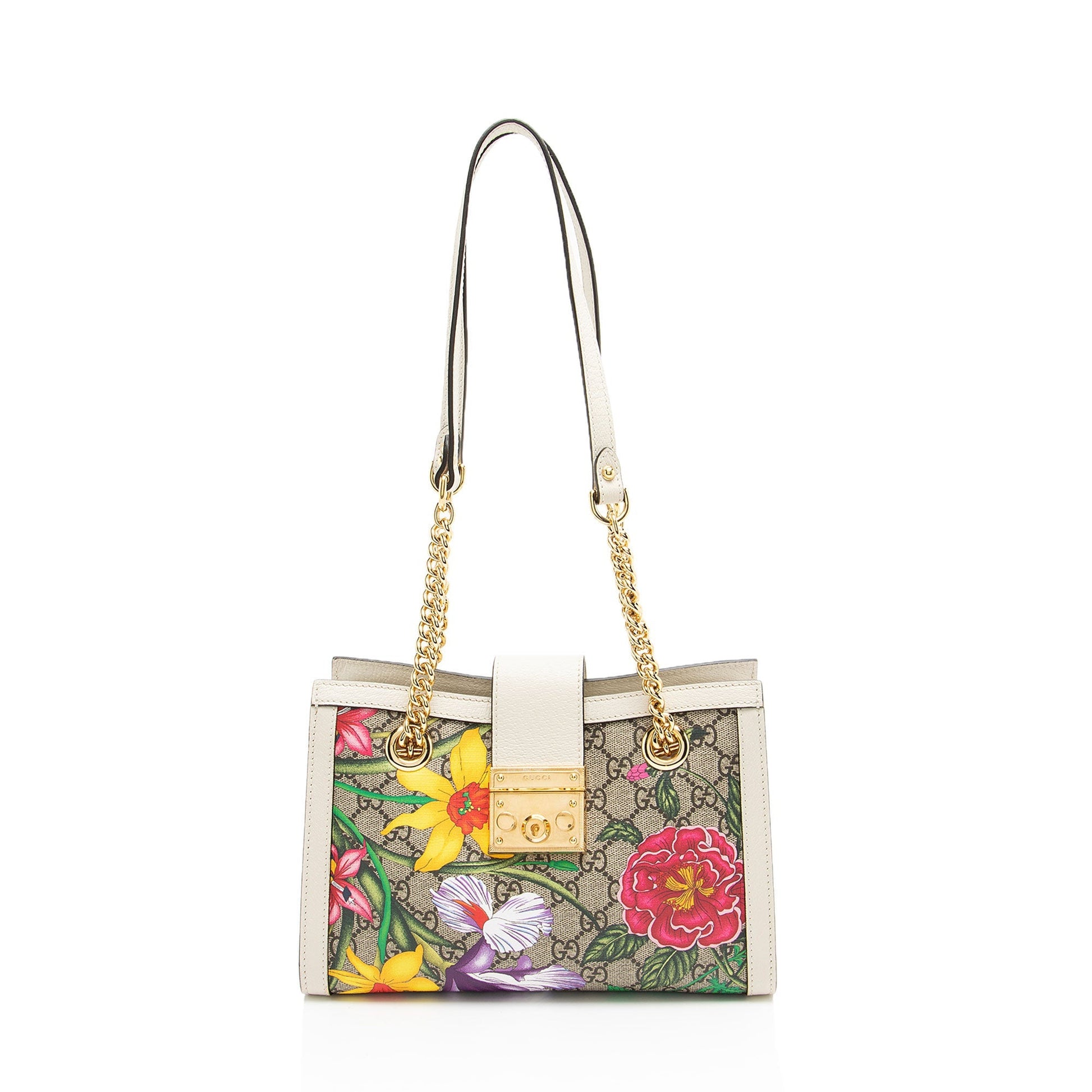Gucci GG Supreme Flora Padlock Leather Canvas White Small Tote Bag