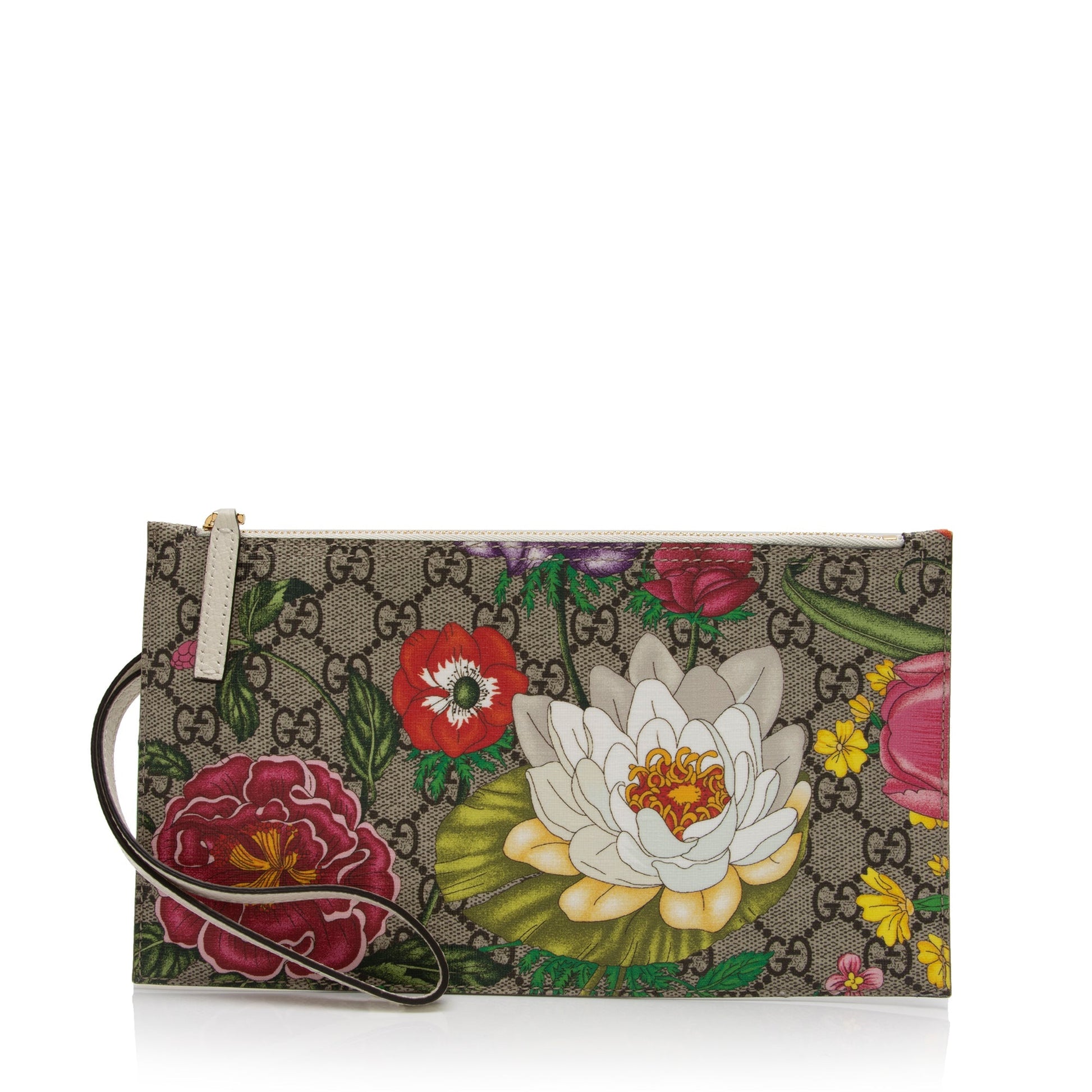 Gucci GG Supreme Flora Pochette SHF-L79z7Y Leather Canvas White Clutch Bag