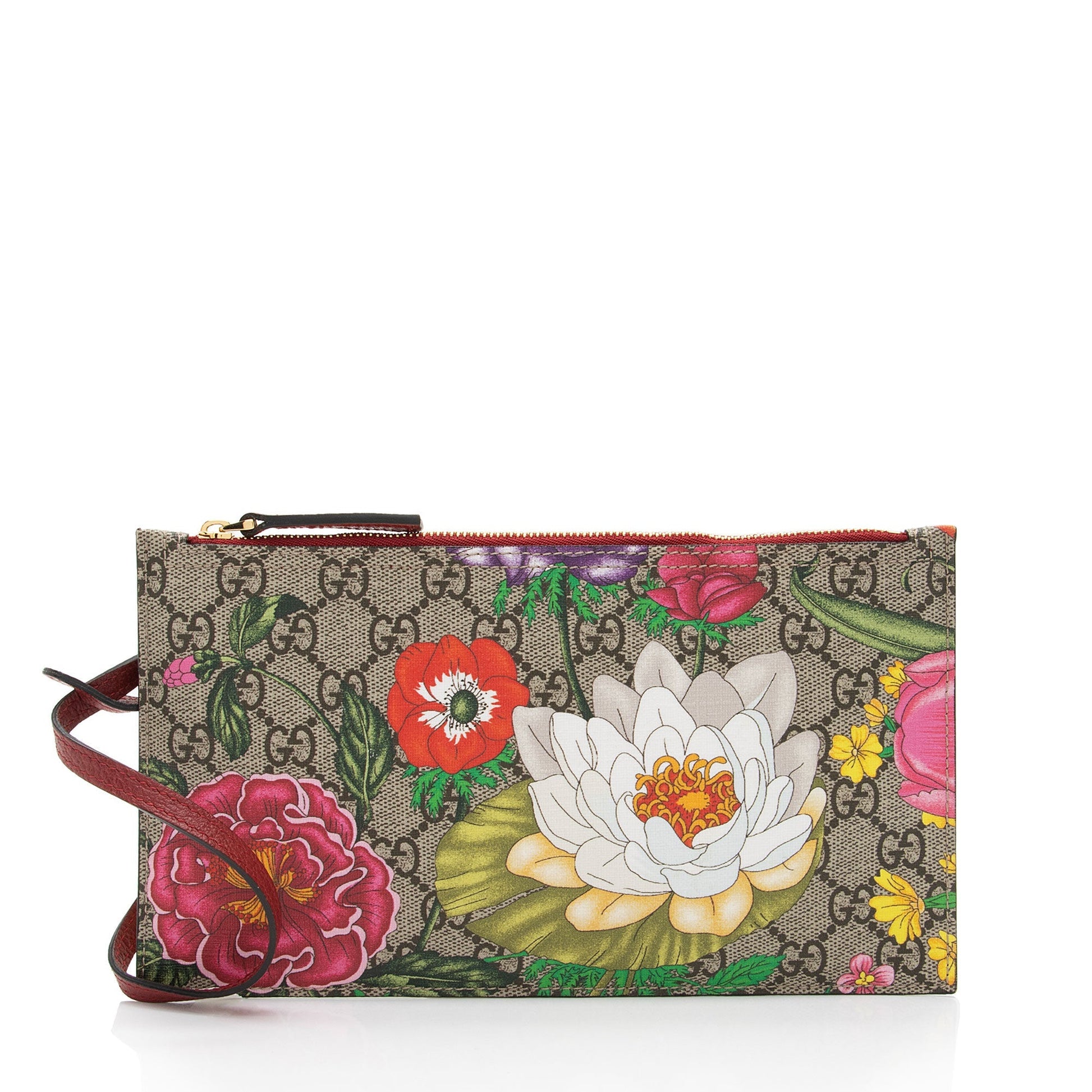 Gucci GG Supreme Flora Pochette SHF-7Ne93g Leather Canvas Beige Red Clutch Bag
