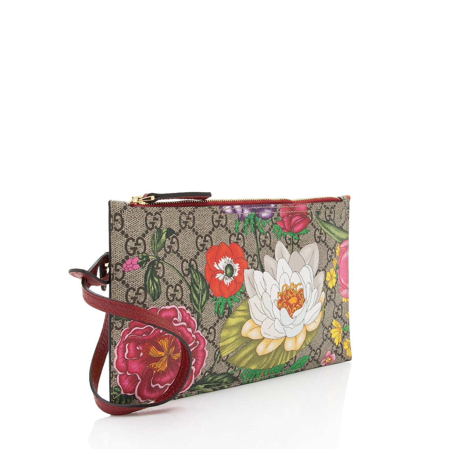 Gucci GG Supreme Flora Pochette SHF-7Ne93g Leather Canvas Beige Red Clutch Bag