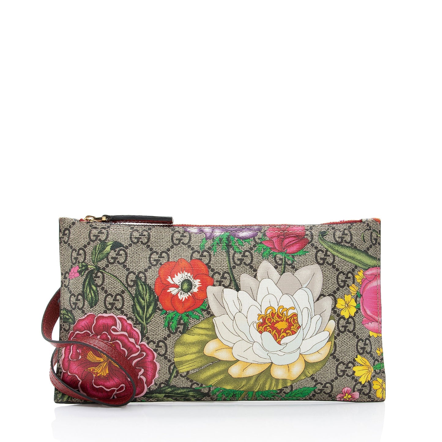 Gucci GG Supreme Flora Pochette SHF-OlwxYM Leather Canvas Beige Red Clutch Bag