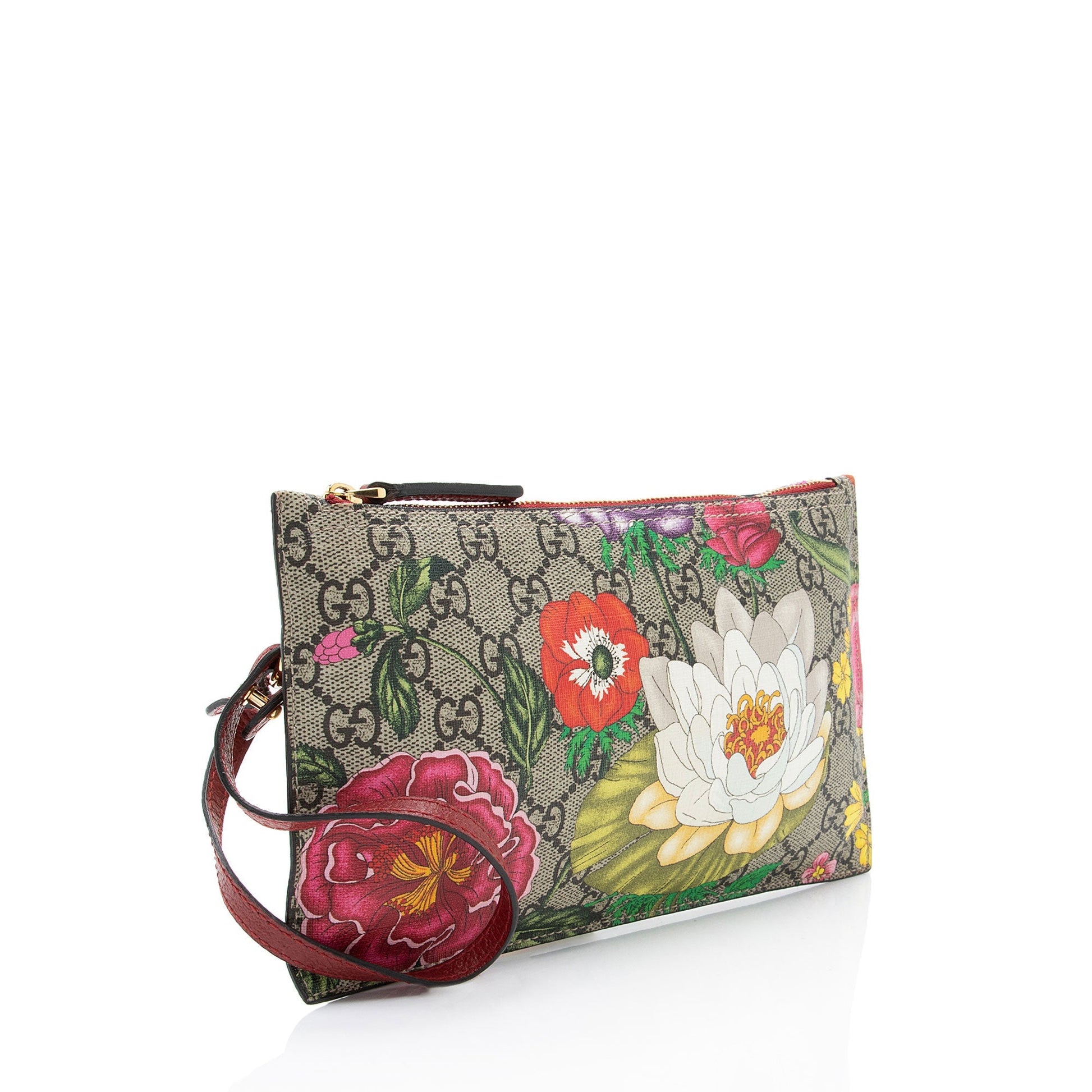 Gucci GG Supreme Flora Pochette SHF-OlwxYM Leather Canvas Beige Red Clutch Bag