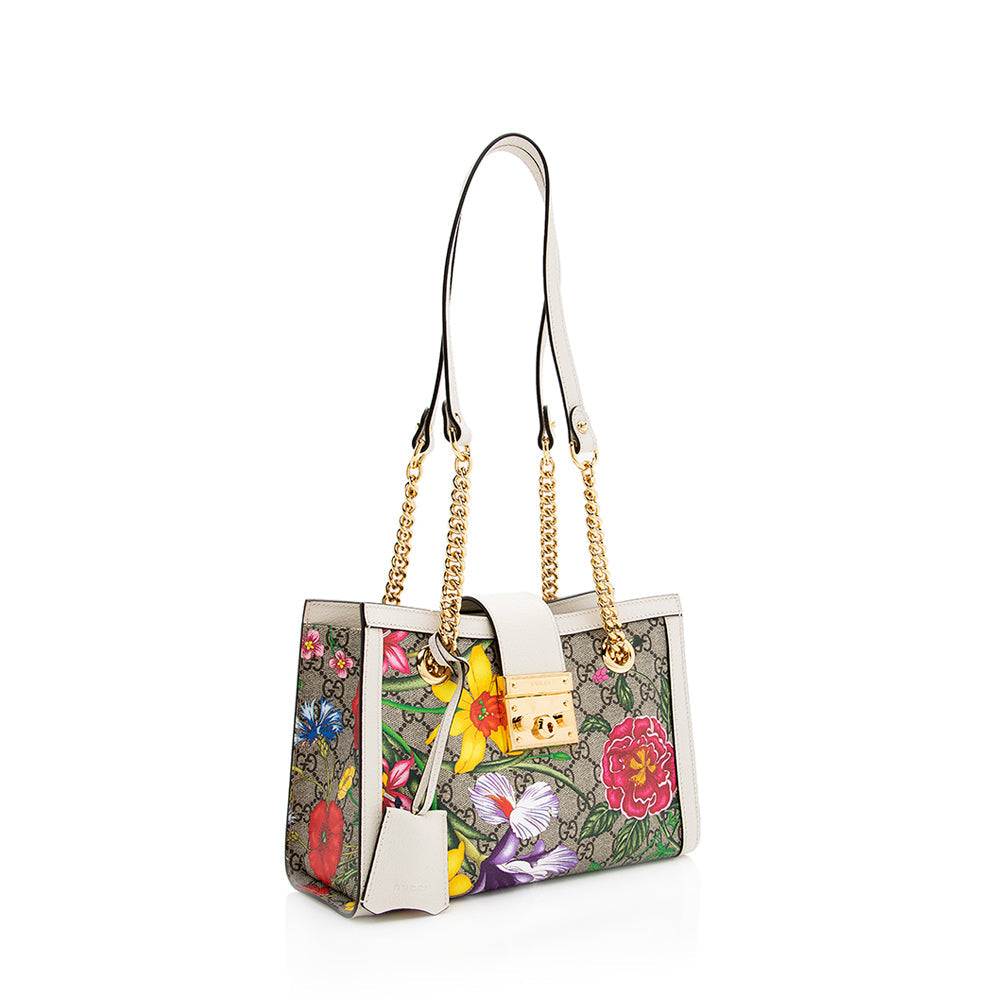 Gucci GG Supreme Flora SHF Leather Canvas White Beige Tote Bag