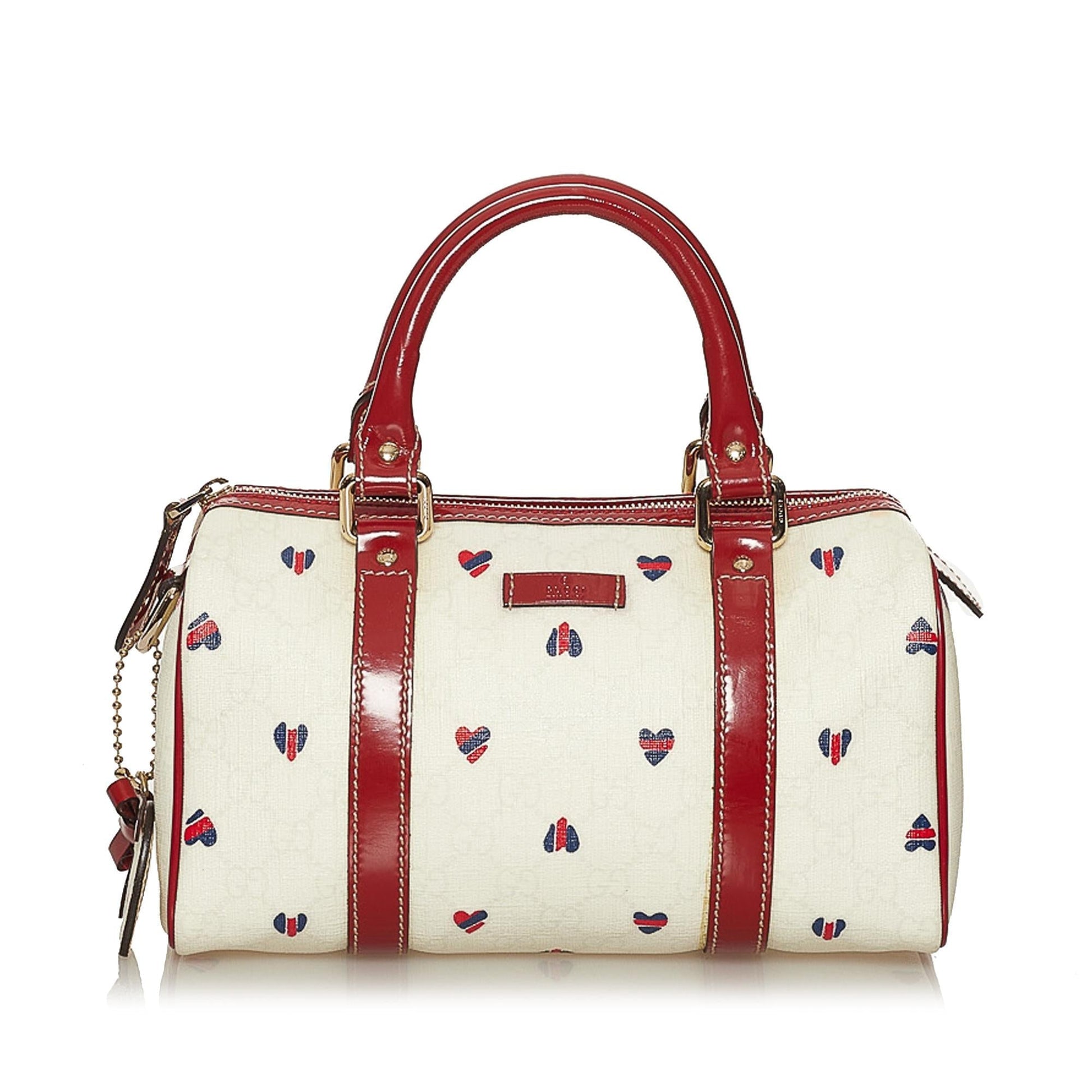 Gucci GG Supreme Hearts Joy Boston Leather Canvas Patent White Satchel Bag