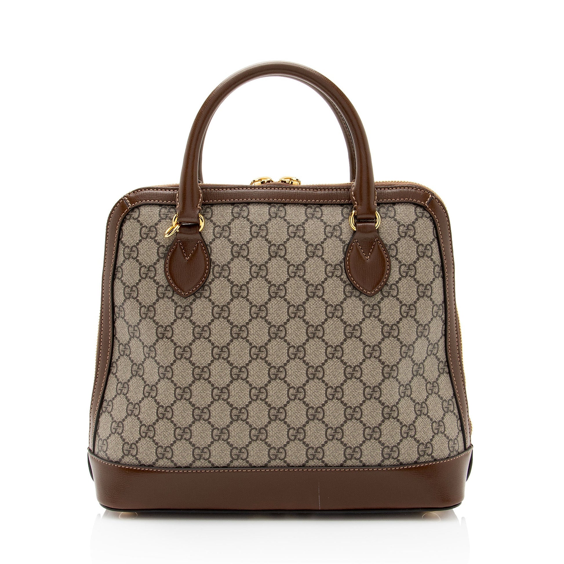 Gucci GG Supreme Horsebit Top Handle Leather Canvas Brown Beige Satchel Bag
