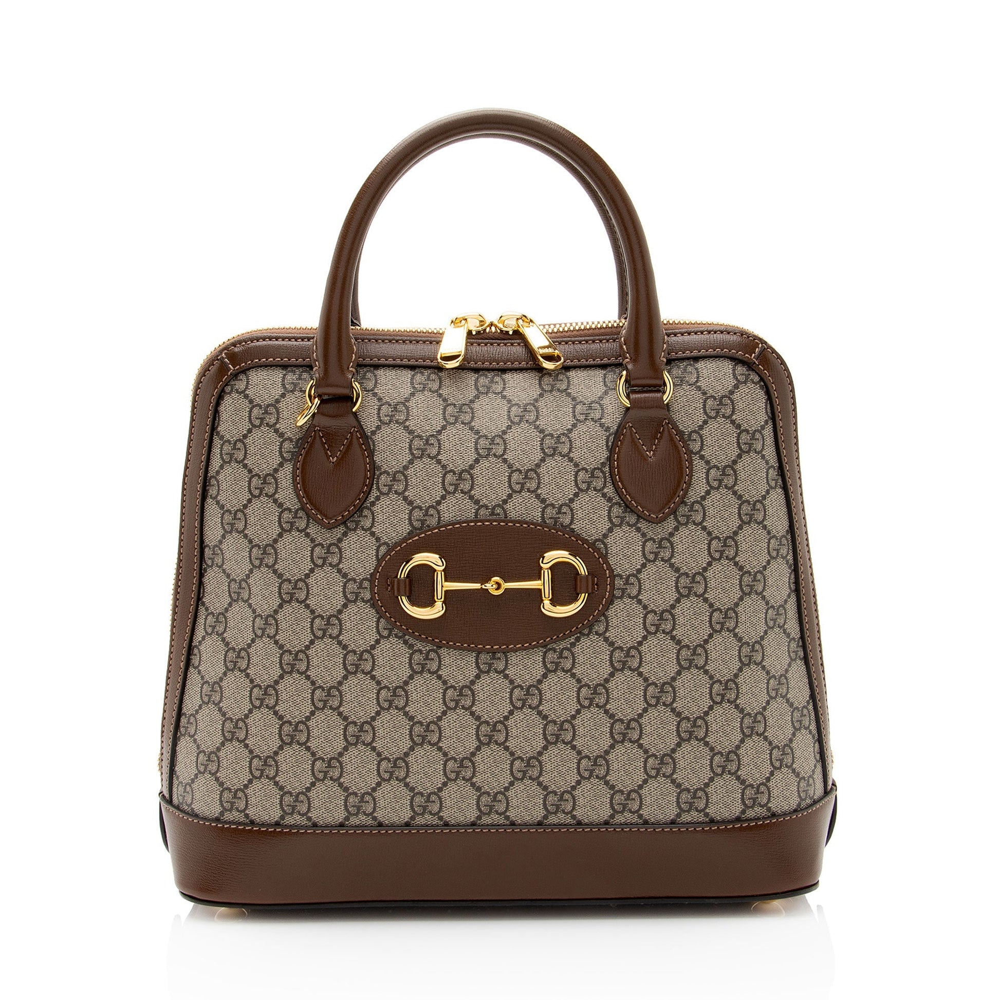 Gucci GG Supreme Horsebit Top Handle Leather Canvas Brown Beige Satchel Bag