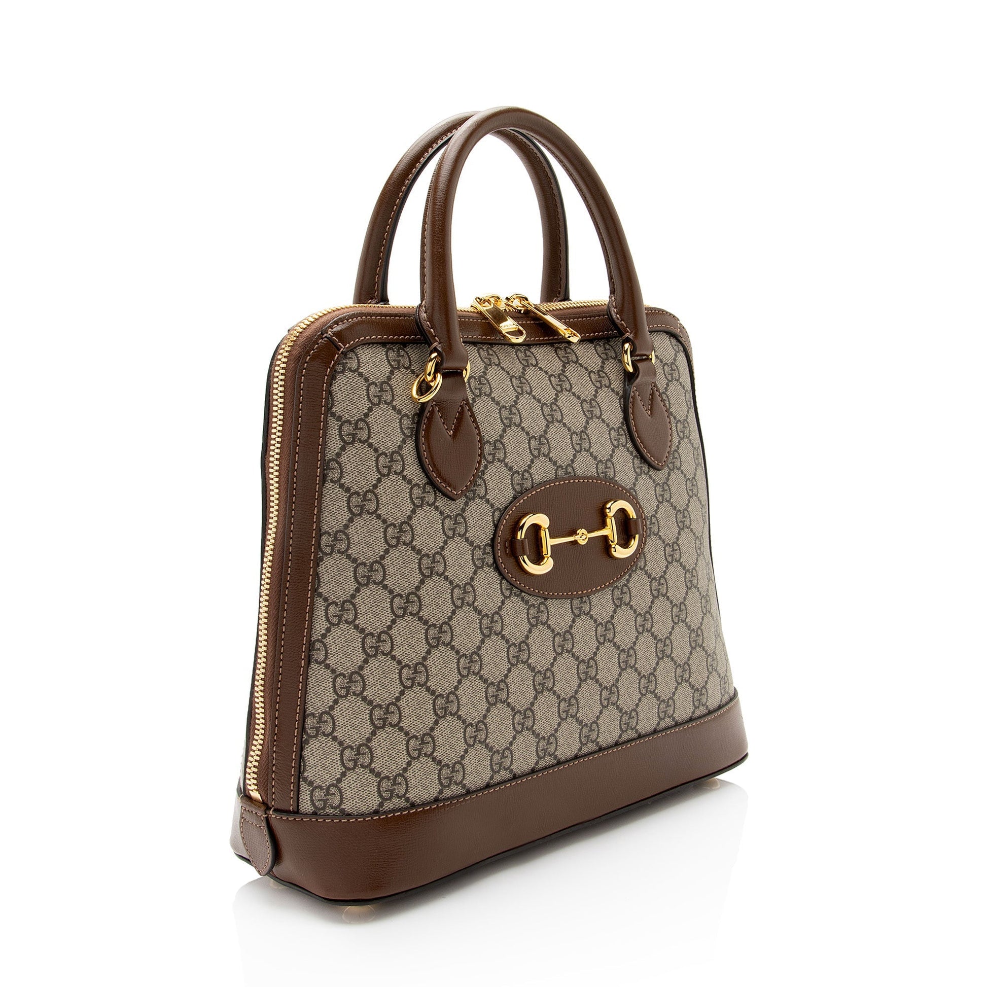 Gucci GG Supreme Horsebit Top Handle Leather Canvas Brown Beige Satchel Bag