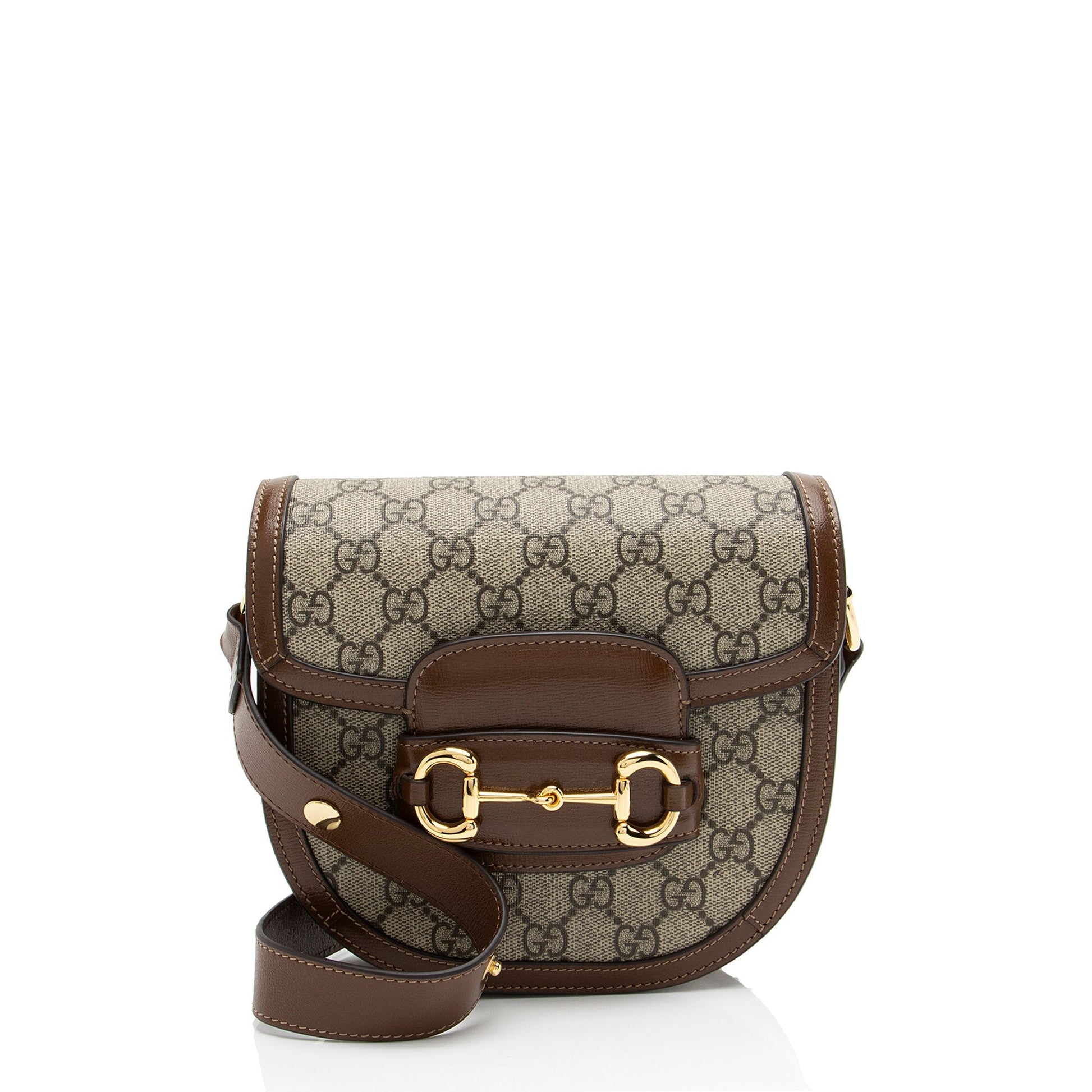 Gucci GG Supreme Horsebit Rounded Leather Canvas Brown Beige Shoulder Bag