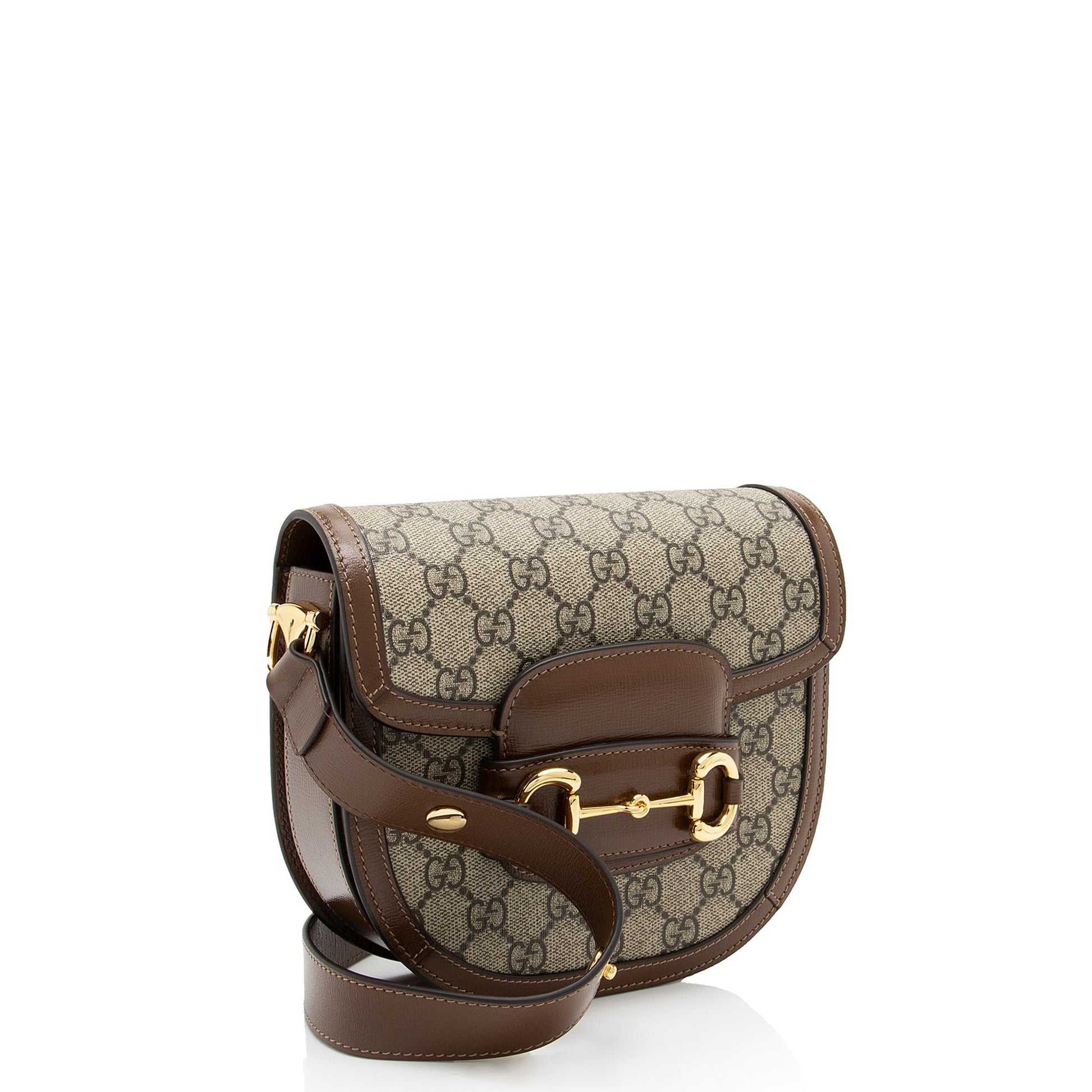 Gucci GG Supreme Horsebit Rounded Leather Canvas Brown Beige Shoulder Bag