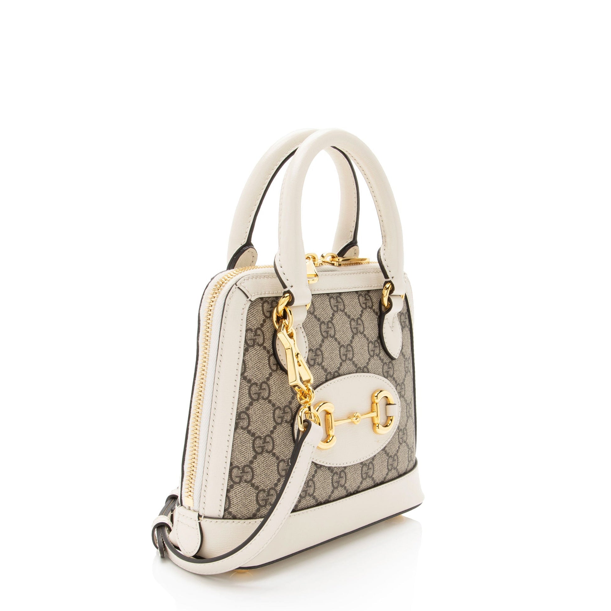Gucci GG Supreme Horsebit Leather Canvas White Beige Satchel Bag