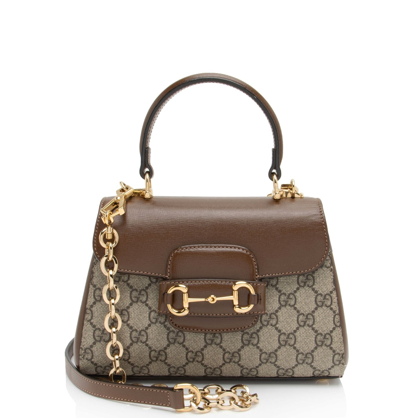 Gucci GG Supreme Horsebit Chain Top Leather Canvas Brown Small Crossbody Bag