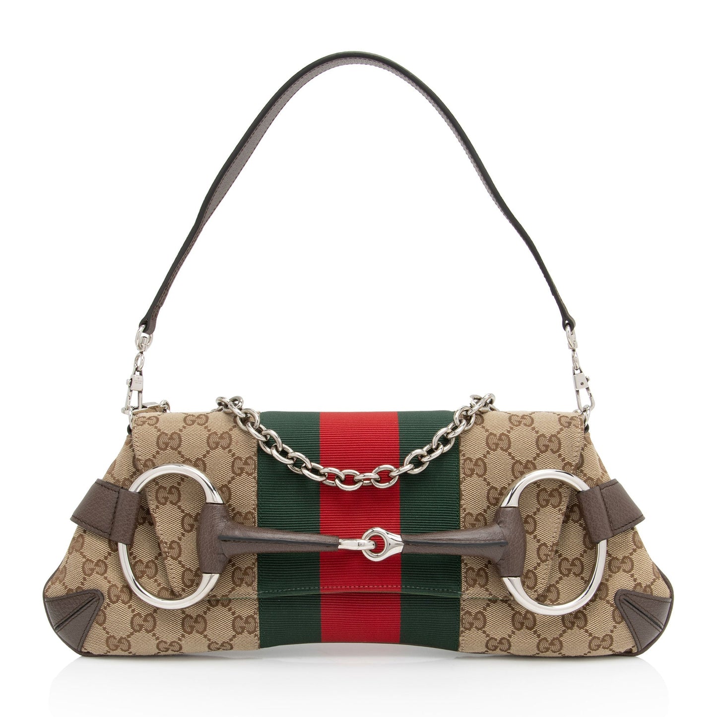 Gucci GG Supreme Horsebit Web Chain Leather Canvas Nylon Brown Shoulder Bag